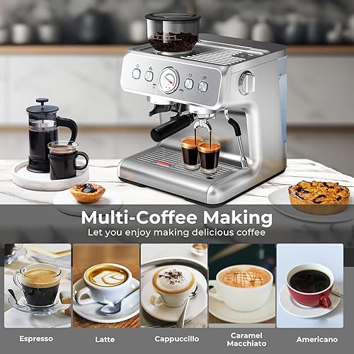 Miniatura 7 de Máquina de café expreso, máquina de café expreso semiautomática de 20 barras con molinillo y espumador de leche, máquina de café con leche de