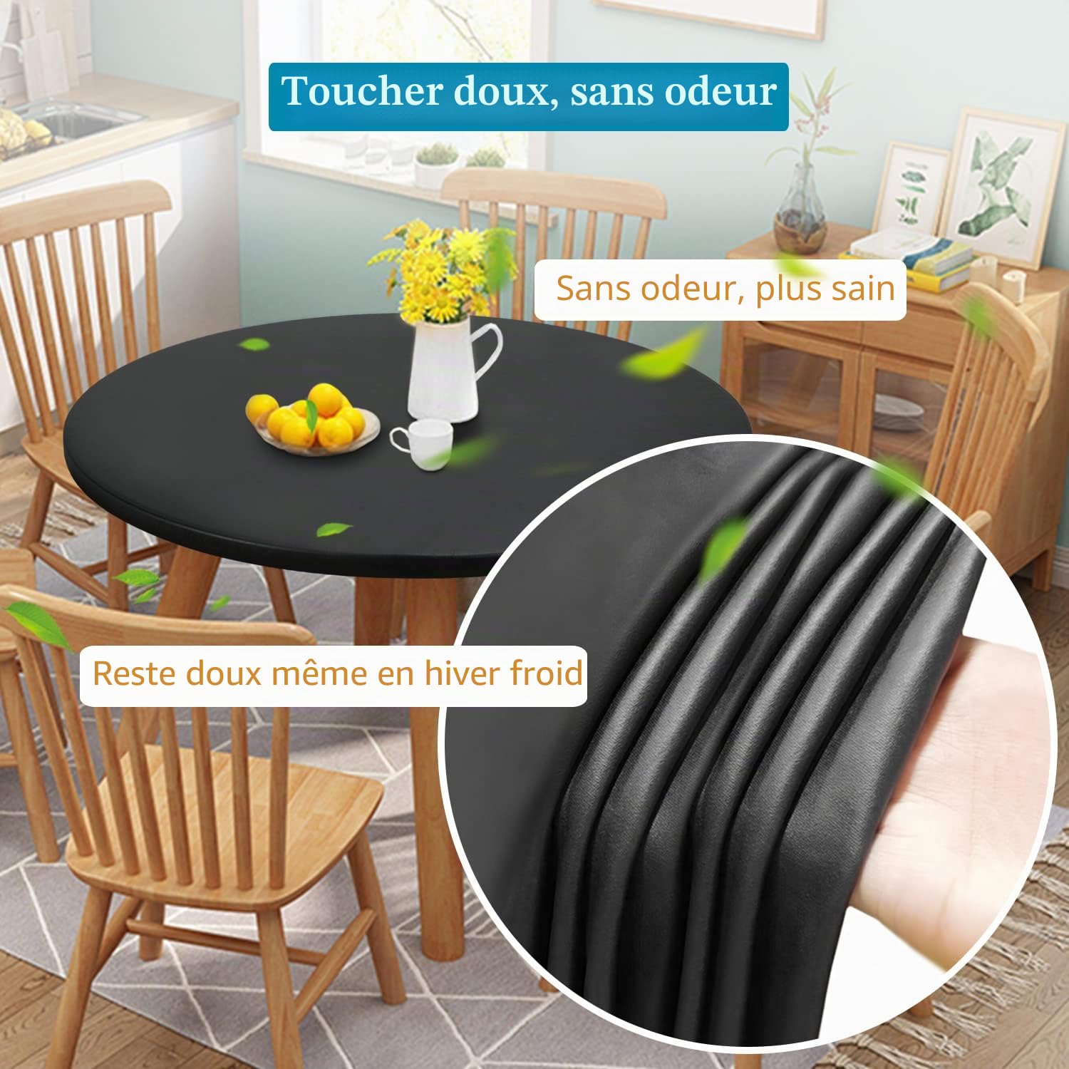 Double Face fit Design PU Round fit Nappe, Ripstop lingette de Table Ronde élastique, Soft Touch, Nappe imperméable à l'eau et à l'huile (Noir, Ronde 135-142cm)
