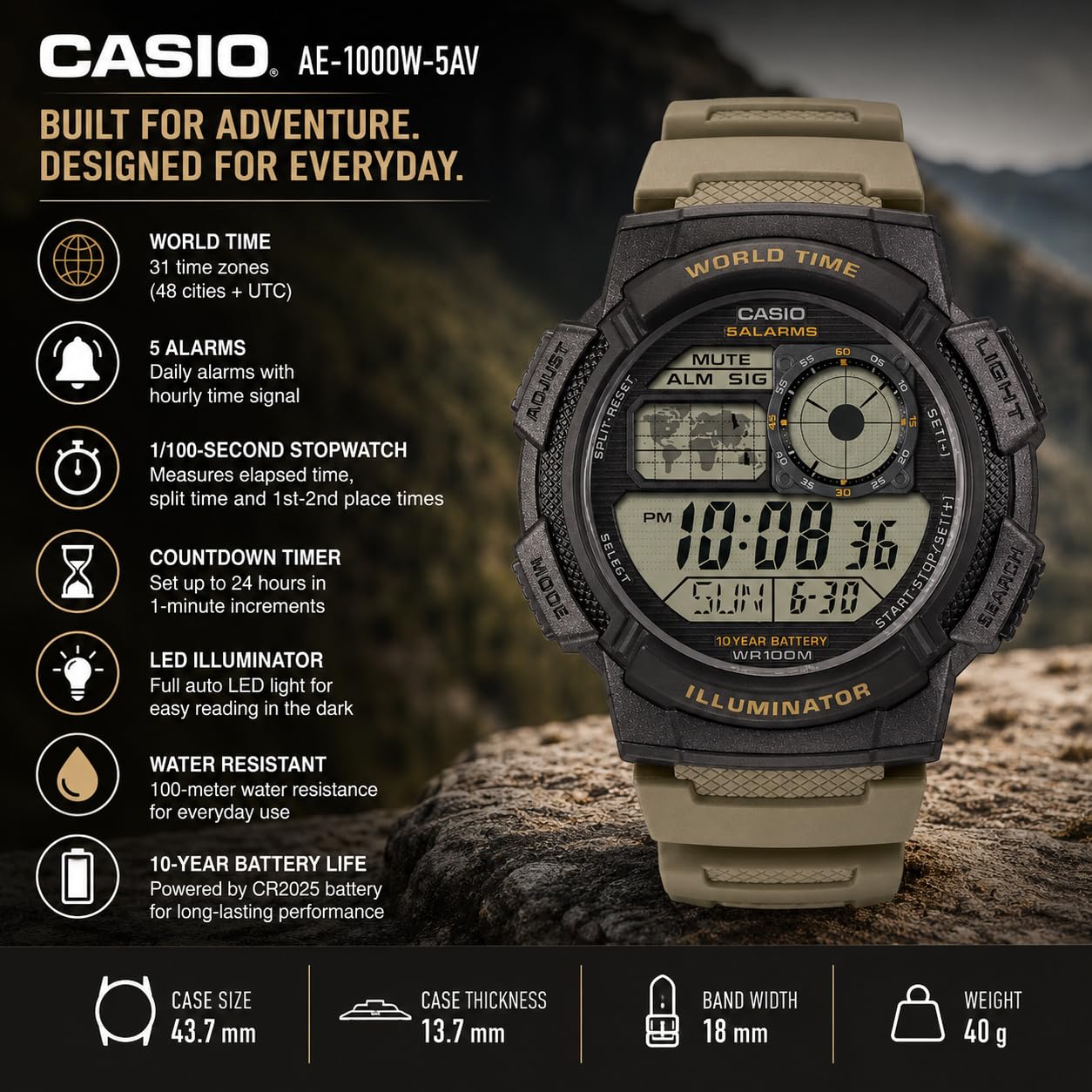 Casio Serie AE-1000W | Reloj digital para hombre | Negro/Gris | 100M WR | Hora mundial | Pantalla de tiempo múltiple | Temporizador de cuenta regresiva | Cronómetro | Retroiluminación LED | Calendario