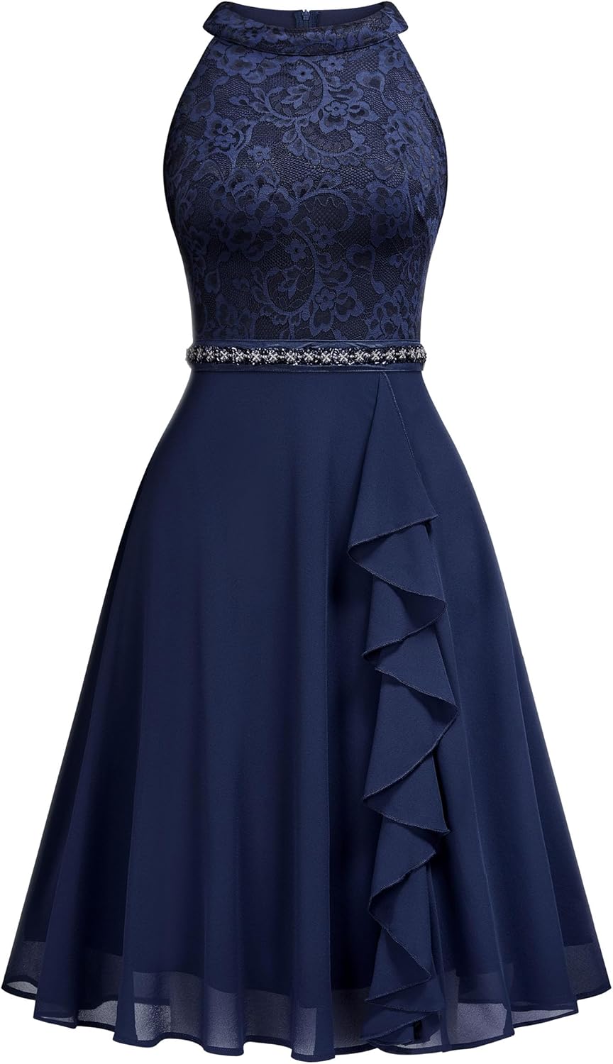 Miusol Women's Halter Neck Lace Ruffle Vintage Cocktail Party A-Line Bridesmaid Dress - Image 4