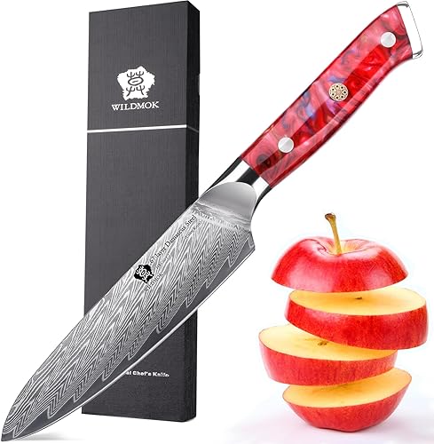 WILDMOK Cuchillo de cocina de acero de Damasco de 5 pulgadas, cuchillo multiusos súper afilado para rebanar, cuchillo multiusos de cocina para