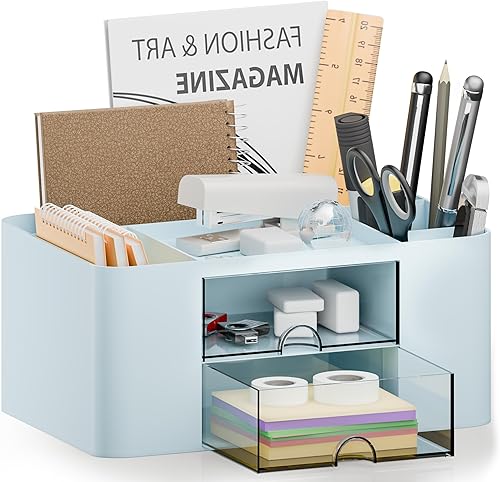 Organizador de escritorio con 2 cajones, soporte multifuncional para lápices, organizadores de escritorio de plástico y almacenamiento con 5