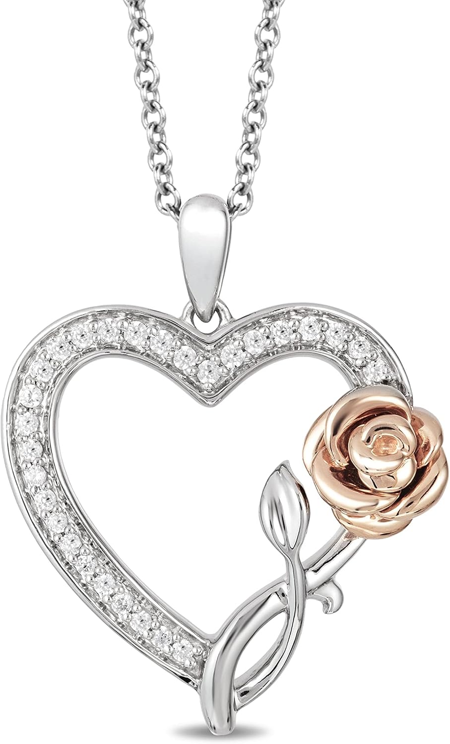 Jewelili Enchanted Disney Fine Jewelry Silver and 10K Rose Gold with 1/6 CTTW Diamonds Belle Rose with Heart Pendant