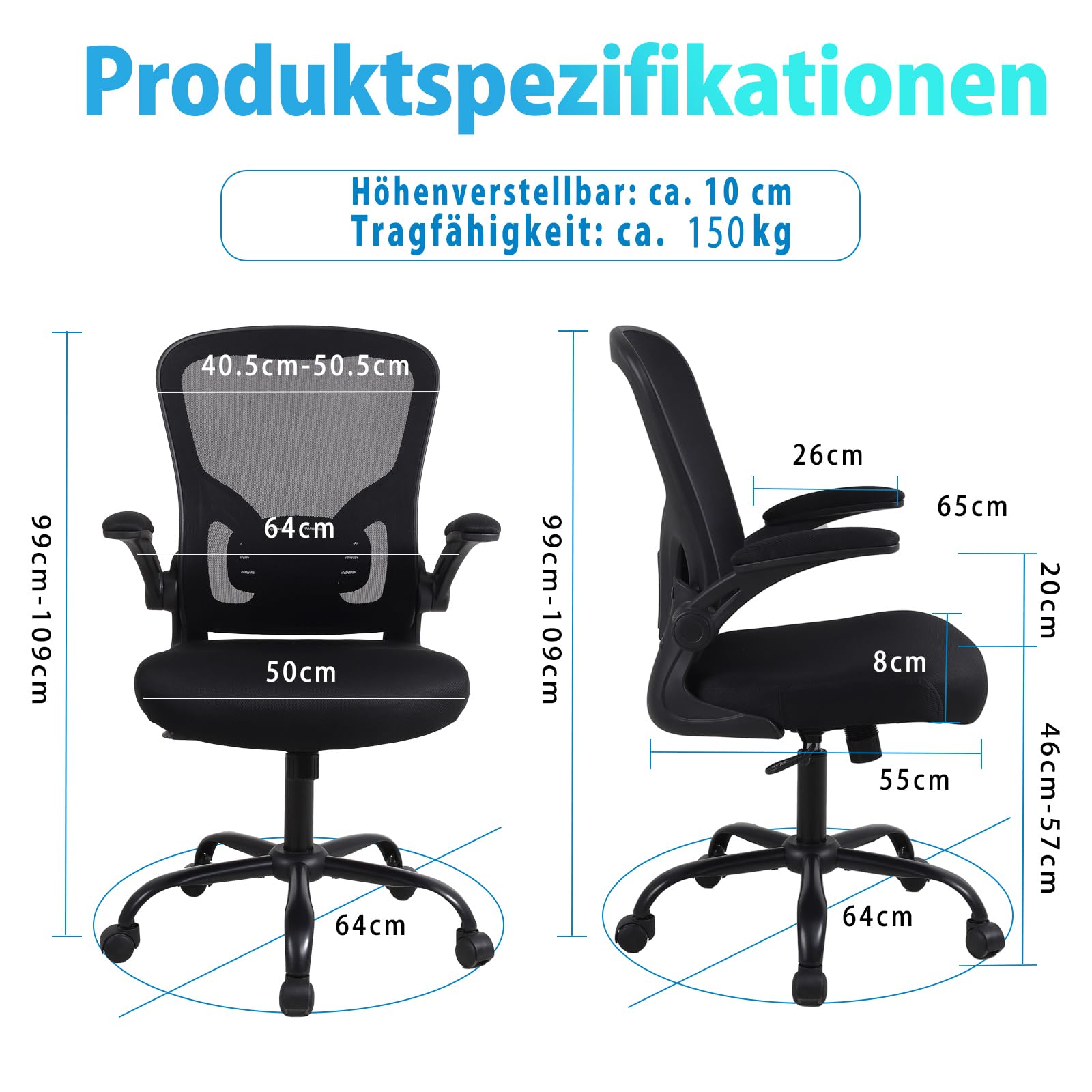 Youhauchair Bürostuhl, Bürostuhl Ergonomisch mit Hochklappbaren Armlehnen, Schreibtischstuhl mit Lendenwirbelstütze, Atmungsaktiver Office Chair, Schwarz