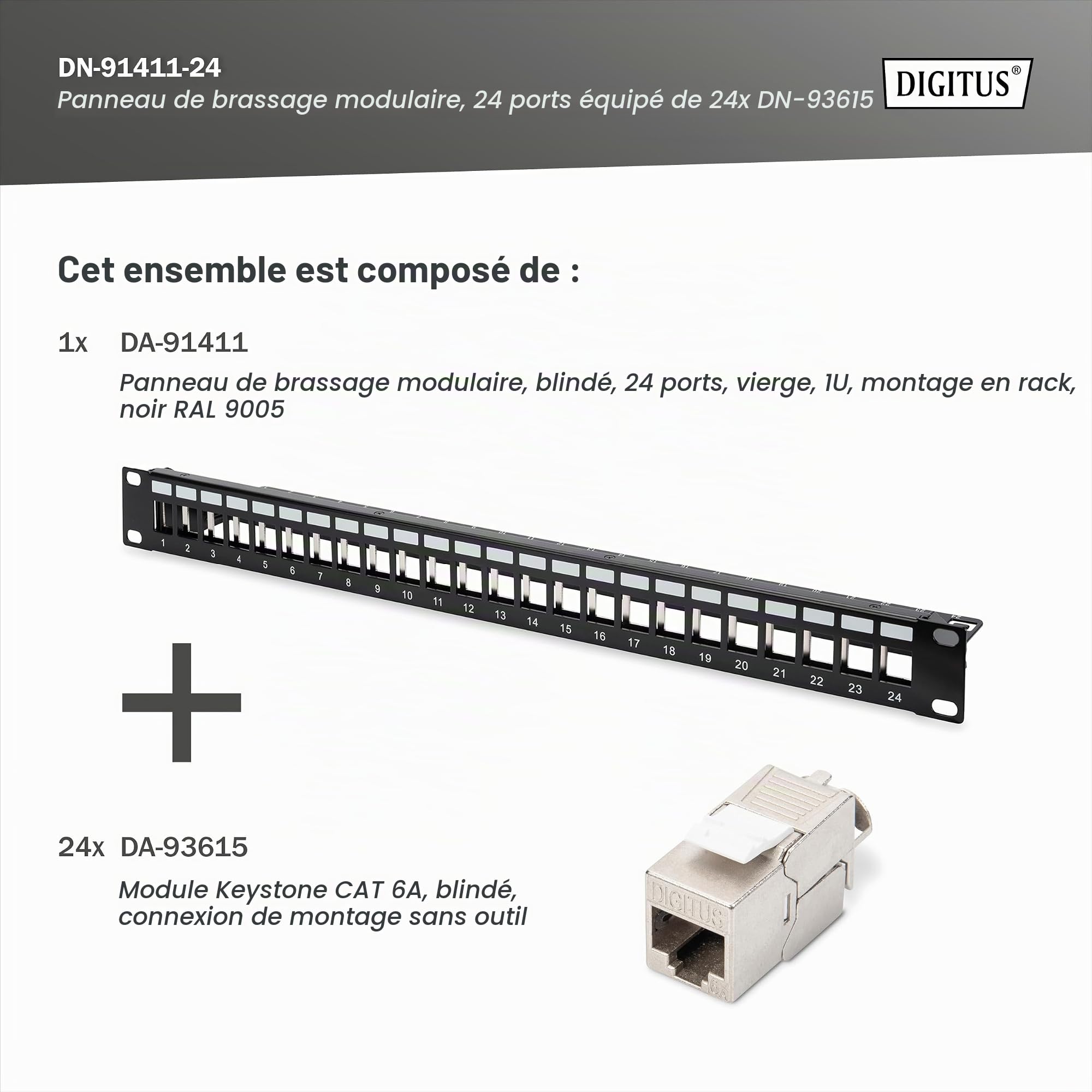 DIGITUS Kit de Panneau de Brassage – 24 modules Keystone Cat 6A | 19 pouces, 1U – 24x RJ45 – Patch Panel modulaire – 10 Gbit/s – Montage en rack dans une armoire réseau 19 pouces – Noir