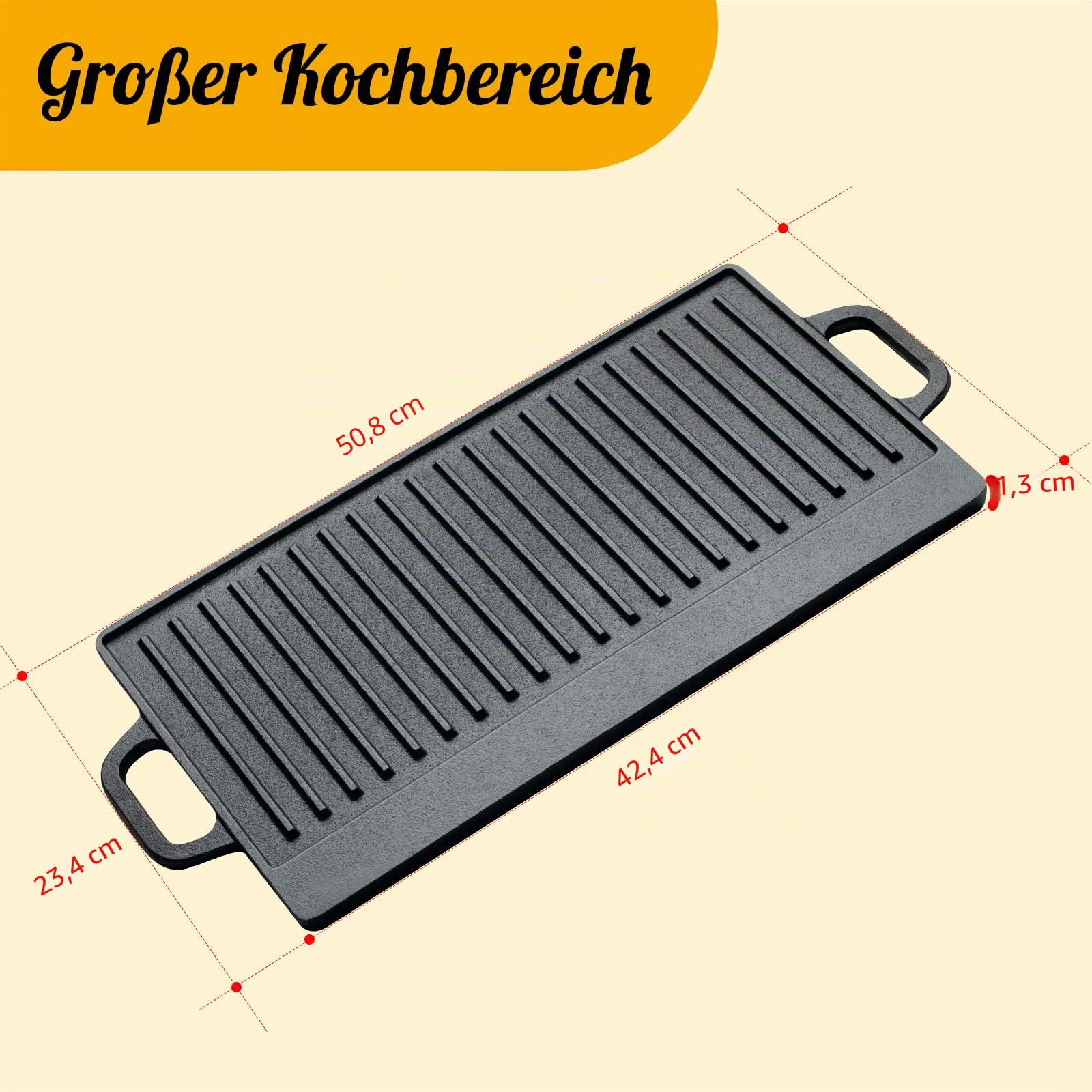 OVERMONT Gusseisenplatte Grillplatte Gusseisen Doppelseitiger Grill mit Griffen 50,8 x 23,4 cm für BBQ Ofen Herd Holzkohlegrill Gasgrill