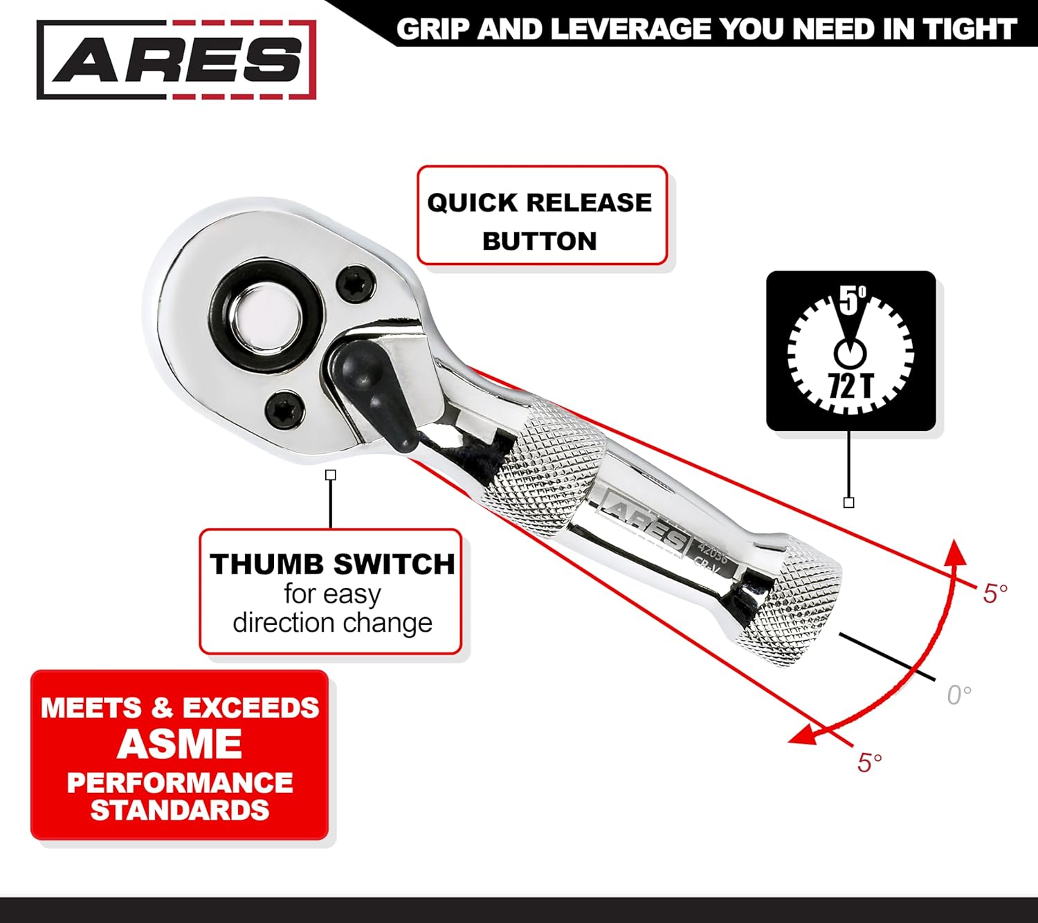 ARES 42037-2-Piece 72-Tooth Stubby Ratchet Set - 1/4-Inch & 3/8-Inch Drive - Premium Chrome Vanadium Steel Construction & Mirror Polish Finish - Quick Release Reversible Head Design