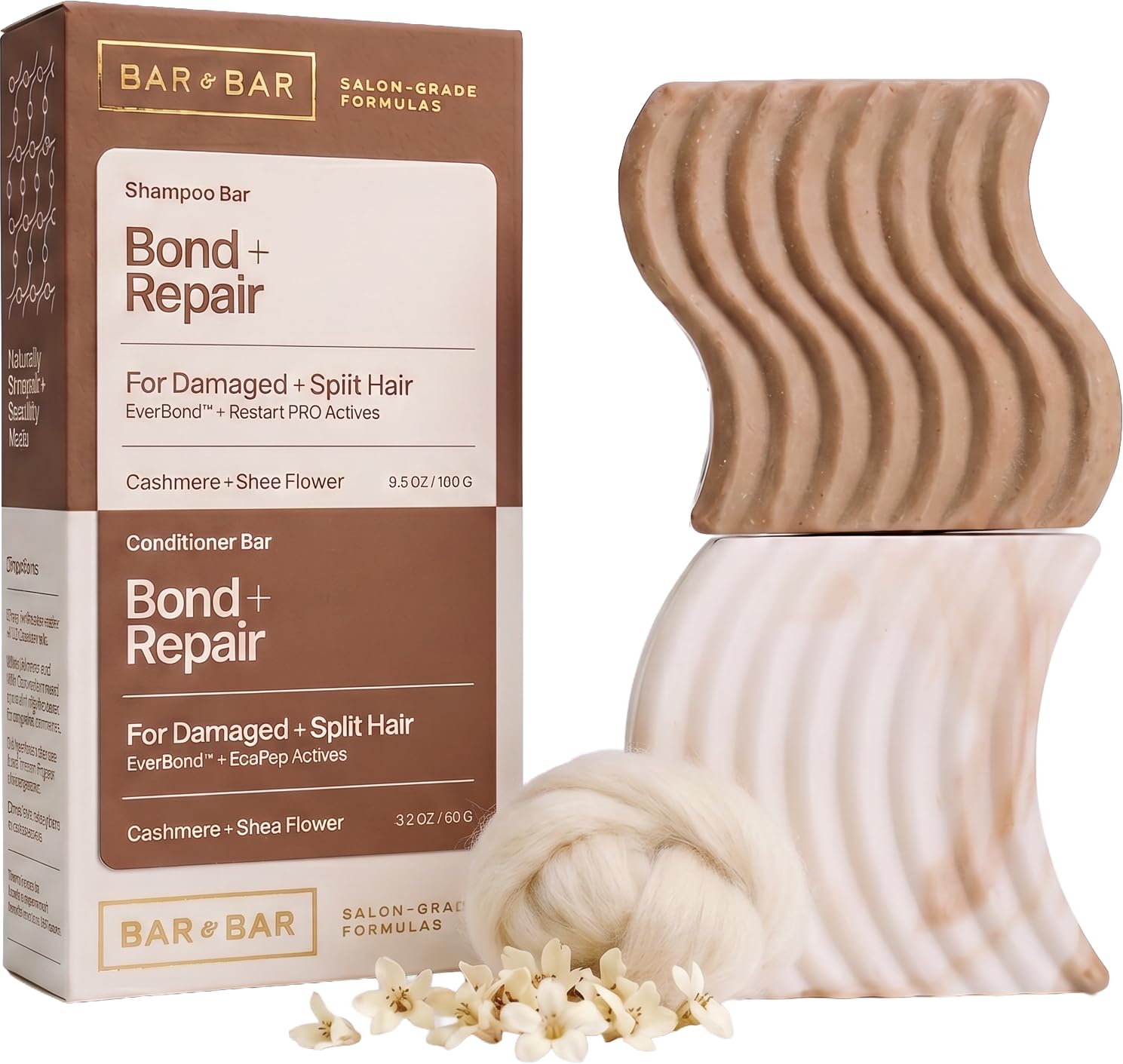 Shampoo and Conditioner Bar Set – Bond + Repair – Strengthening Solid Hair Care Duo – Damaged Hair – Breakage Repair – Cashmere & Shea Flower, 3.5 oz Each