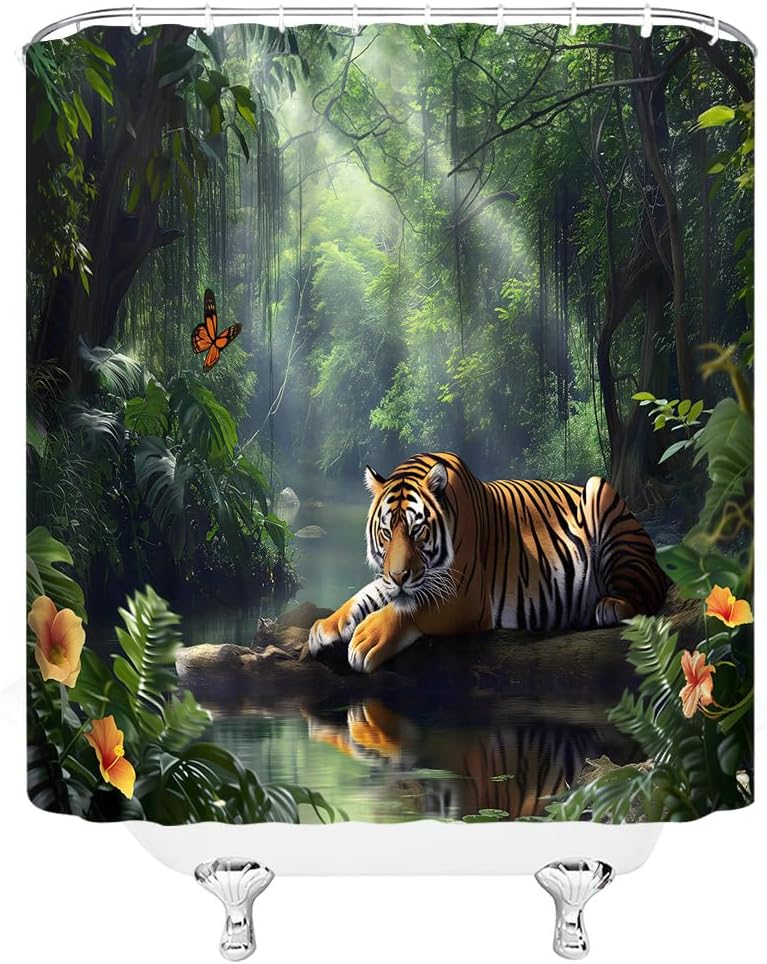 Rainforest Shower Curtain Green Forest Jungle Tiger Lake Floral Tree Tropical Plant Nature Scenery Landscape Summer Extra Long Bathroom Decor Curtain with Hooks,70W x78 H