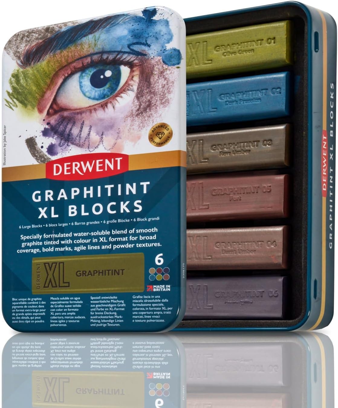 Derwent Graphitint XL Blocks 6 Tin, Set of 6, 60mm Extra-Large Block, Water-soluble, Ideal for Sketching, Drawing and Expressive Mark Making, Professional Quality (2306175)