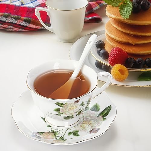 Miniatura 6 de Foraineam Juego de taza de té y platillo, tazas de café floral marfil de porcelana con platillos y cucharas, juego de taza de té de 6 onzas con