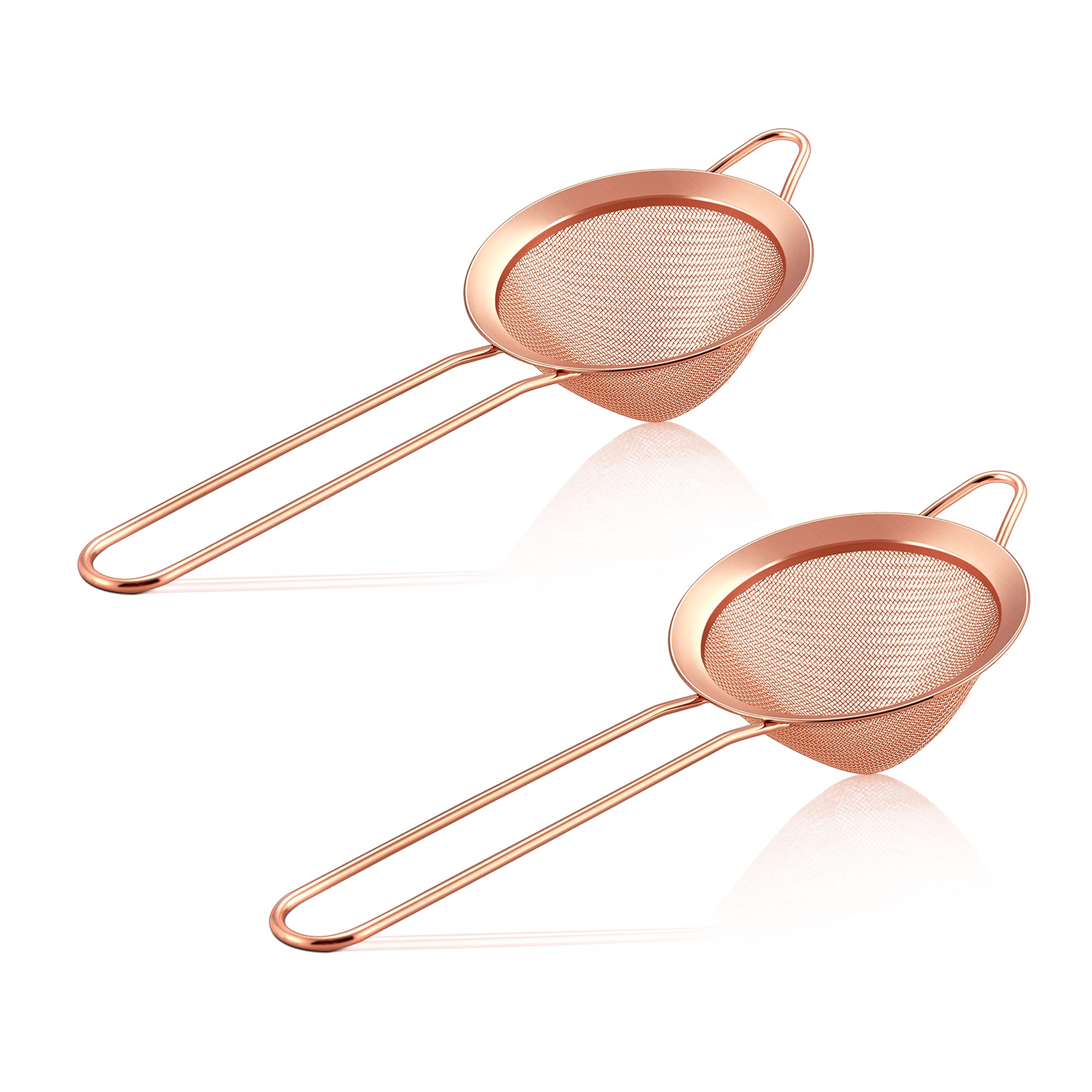 E-far Small Strainer Set of 2, 3.3 Inches Stainless Steel Fine Mesh Sieve with Long Handle, Metal Conical Strainers for Tea Cocktail Coffee Food, Rust Proof & Easy to Clean (Copper)