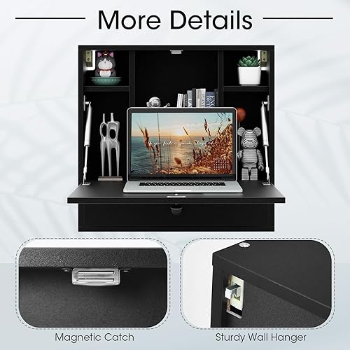 Miniatura 6 de Tangkula Escritorio montado en la pared, escritorio flotante multifunción para computadora portátil, ahorro de espacio, escritorio de pared con