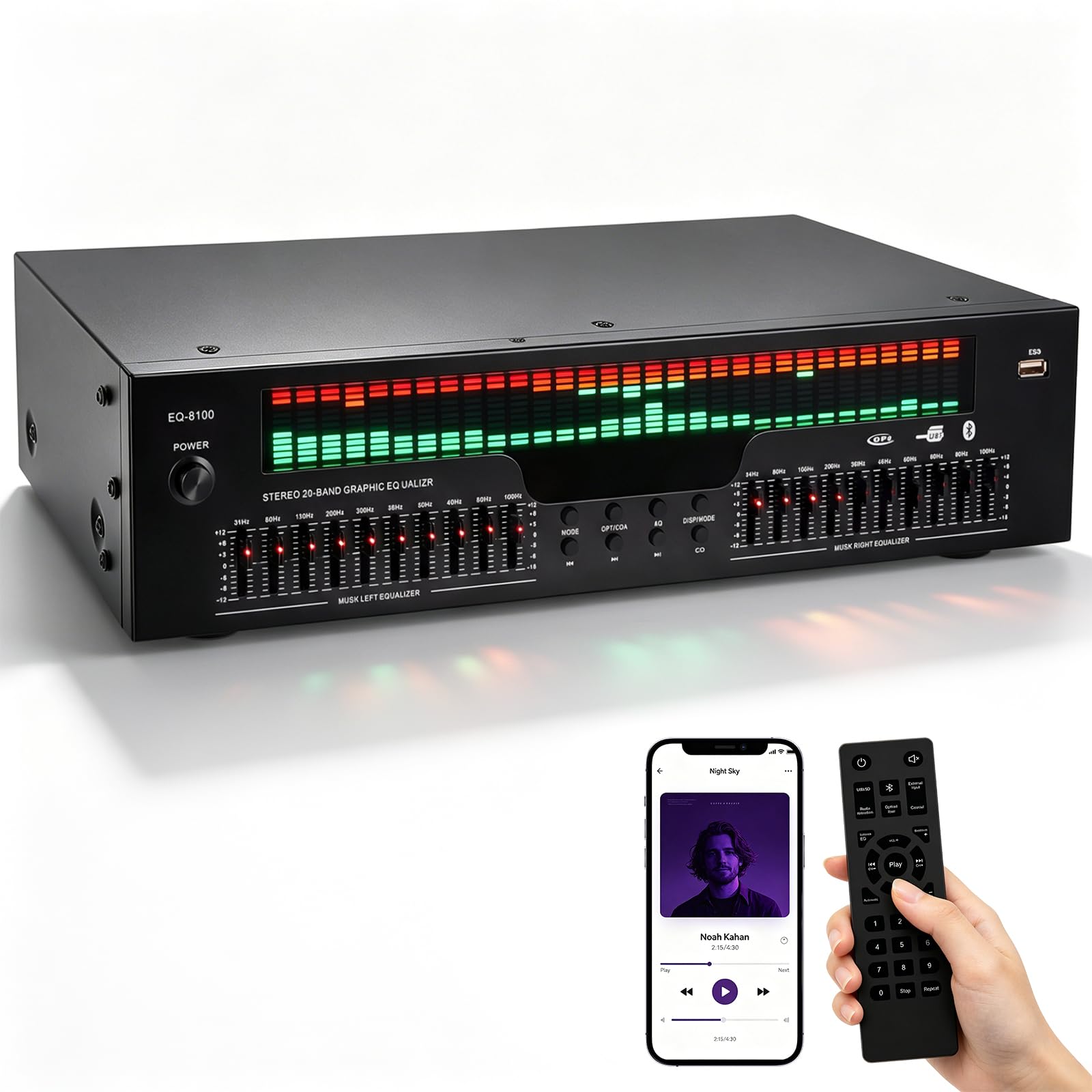 Ecualizador digital de 31 bandas con indicador LED de espectro – EQ gráfico estéreo profesional y procesador de sonido, control de sonido dual, reducción de ruido para estudios, grabaciones y