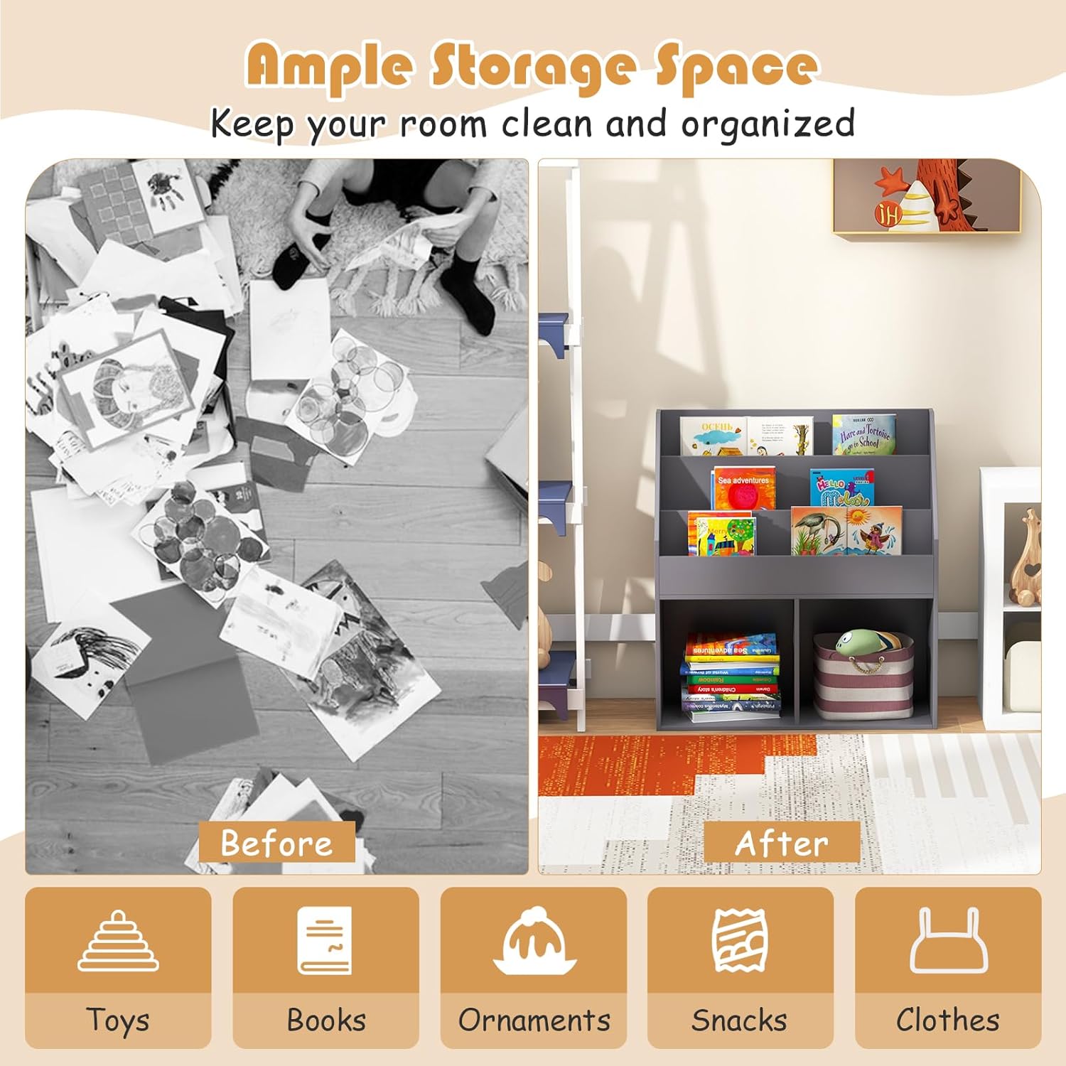 GLACER Kids Bookshelf, 3-Tier Wooden Sling Bookshelf for Kids w/Book Rack & 2 Storage Bins, Toy Storage for Kids Room, Nursery, Playroom, Classroom, Living Room, Toy Storage Organizer (Gray)