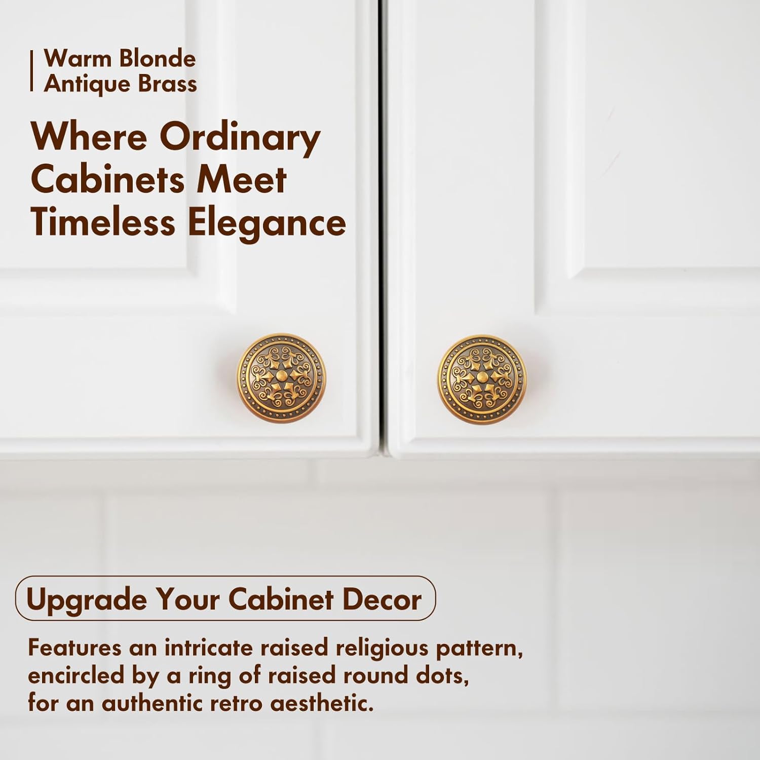 Antique Brass Cabinet Knobs - Single Hole Brushed Brass Knobs for Drawers and Cabinets, 4-Pack (Retro)