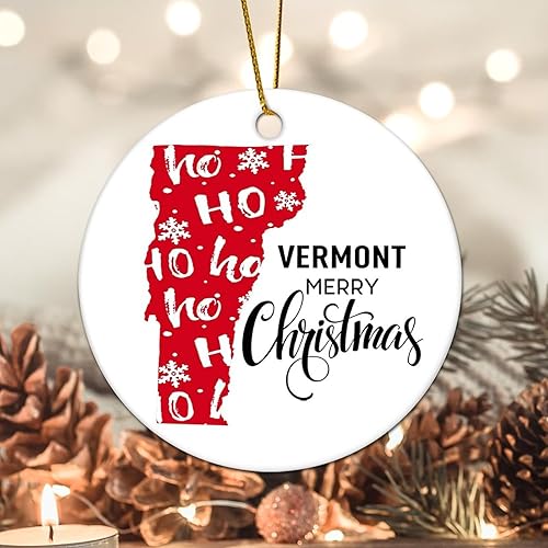 Evans1nism Vermont State Christmas Round Ornament Hometown Ceramic Keepsake State Love Winter Holiday 3.2 Inch Double-Sided Printing New Home Gifts