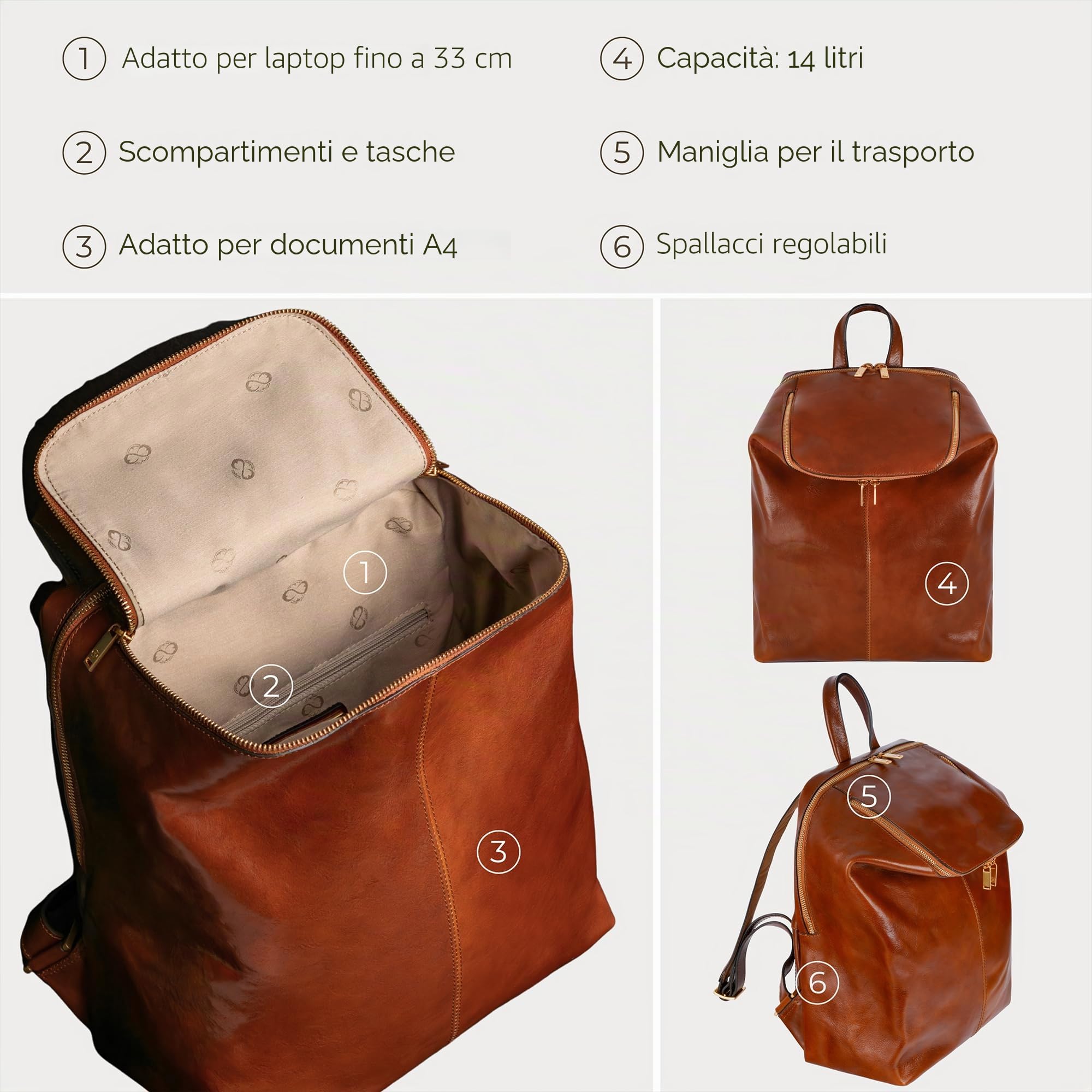 Time Resistance Zaino in Pelle Fatto a Mano in Italia da Esperti Artigiani – Zaino Donna e Uomo in Pelle Vera con Tasca per Laptop da 13 Pollici – Morbido e Compatto
