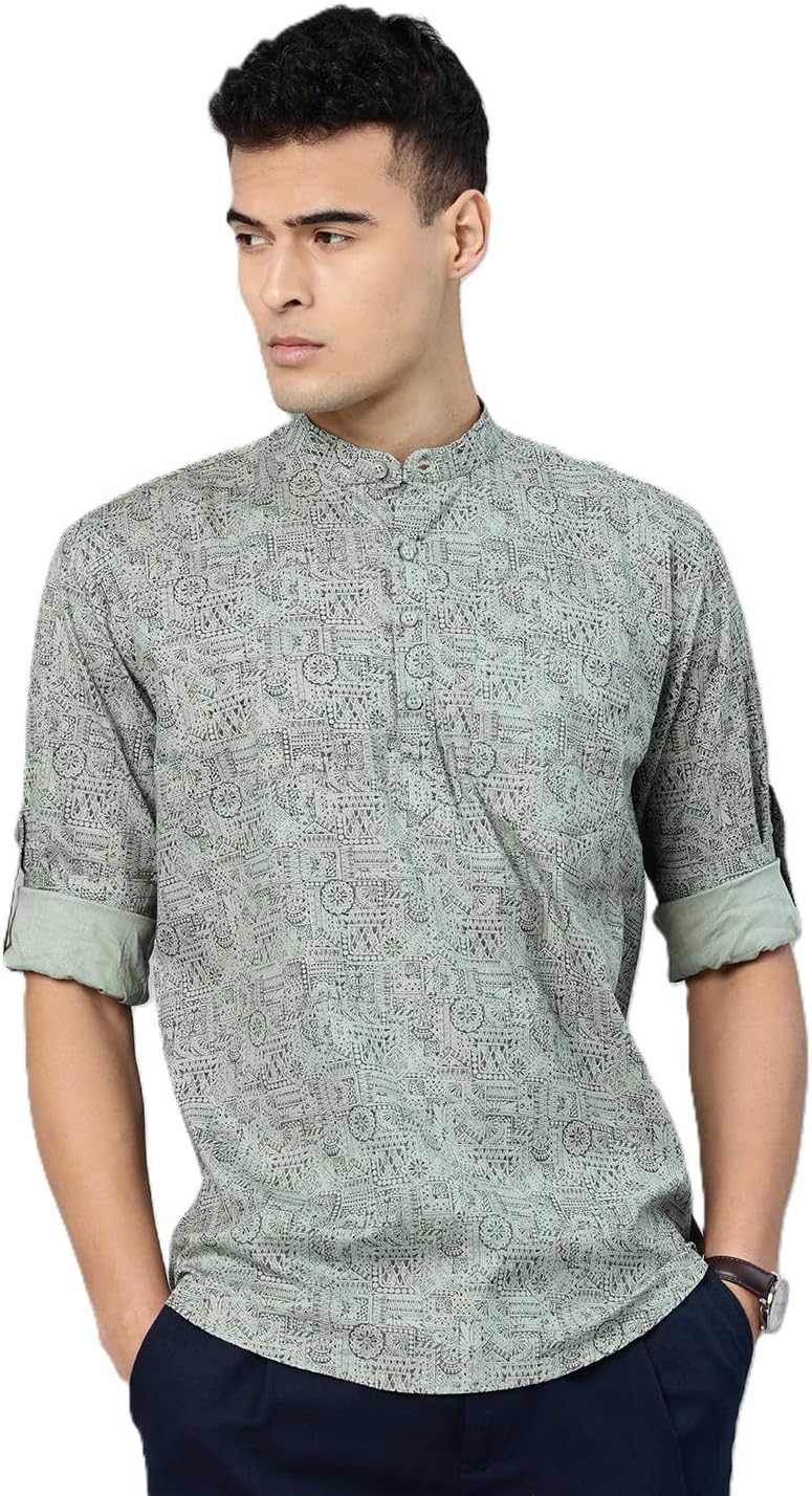 - Men's Cotton Regular Fit Short Printed Designer Kurta