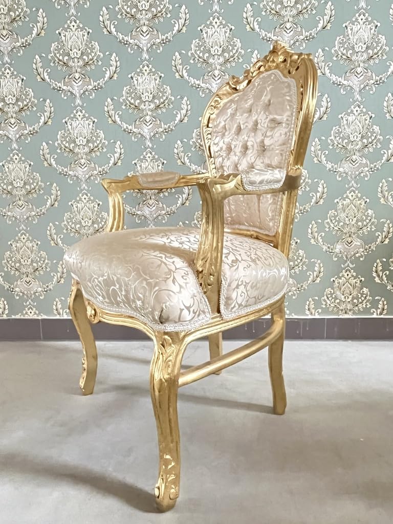 Fauteuil French Louis Style en beige brillant, style baroque, rococo antique, reproduction de la chaise en finition dorée pour la décoration de la maison ou de la boutique