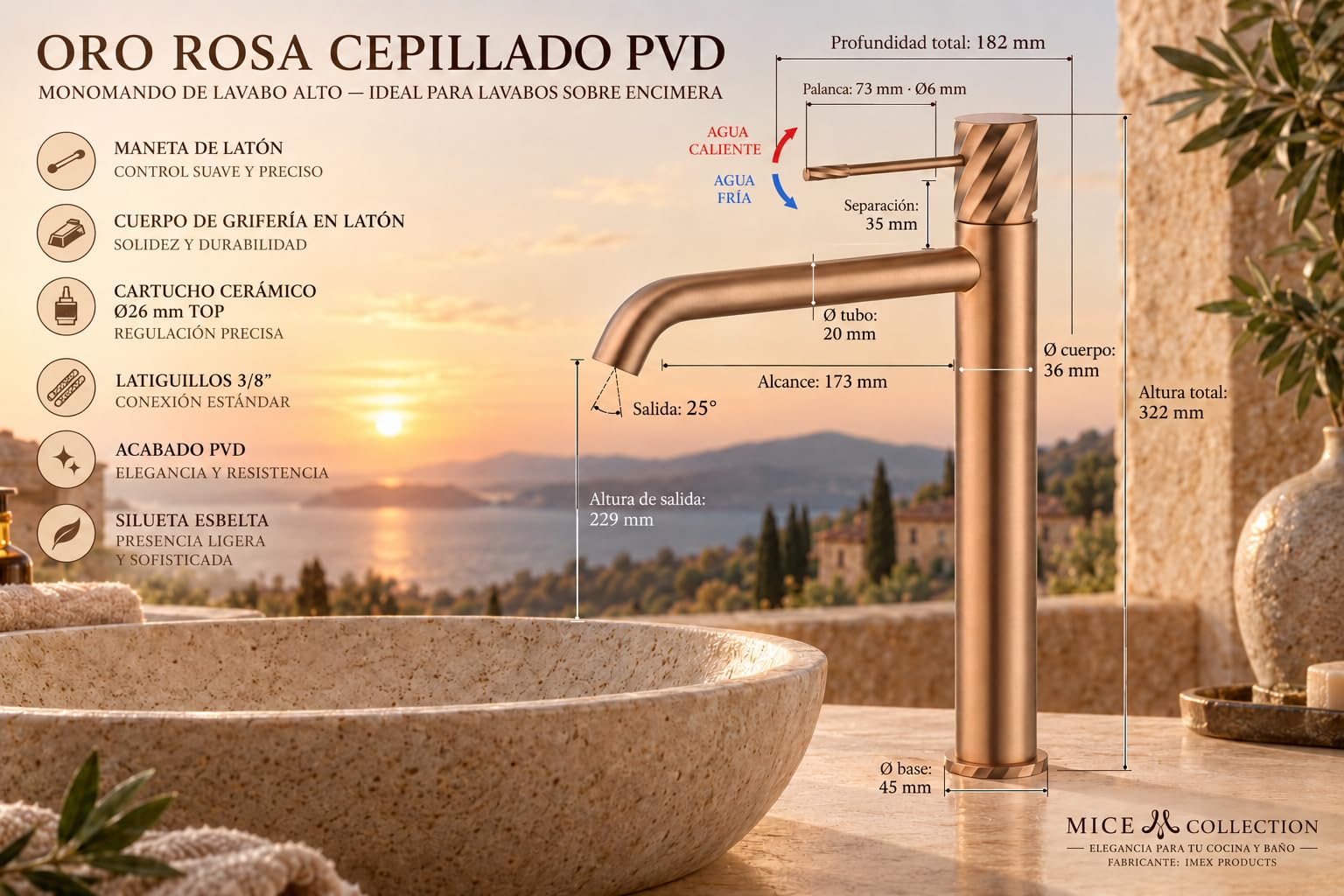 IMEX - Grifo Lavabo Alto Monomando - Oro Rosa Cepillado PVD - Cobrizo - Grifo de Baño para Lavabo Sobre Encimera y Sobreponer, Cuerpo de Latón, Caño Alto, Válvula de Desagüe Incluida