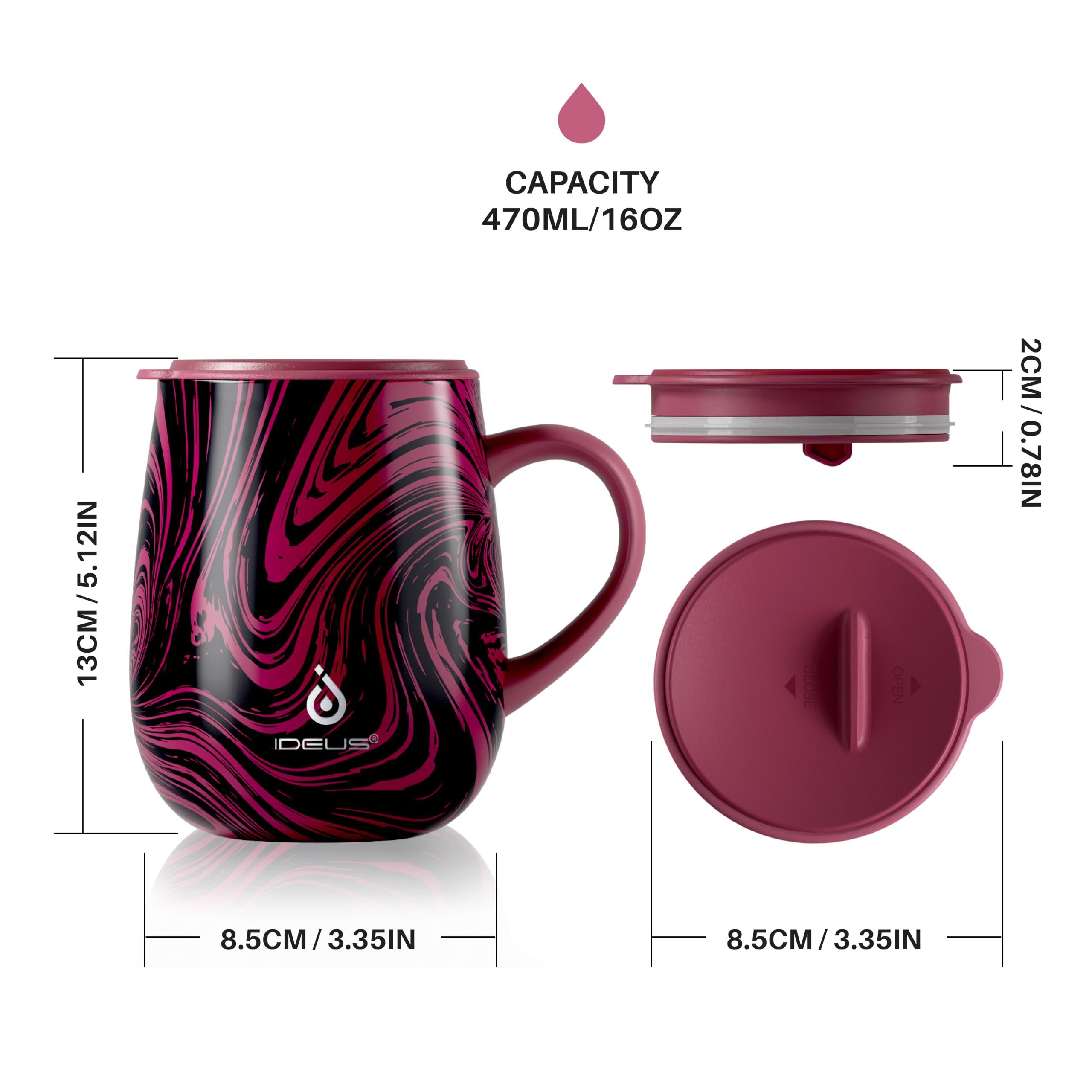 Ideus 453.6 g (470ml) Isolierter Kaffeebecher mit Griff und Deckel, doppelwandiger Edelstahl-Vakuum-Thermo-Kaffeebecher, Reise-Kaffeetasse, Thermobecher für Zuhause und Büro (Rotes Zebra)