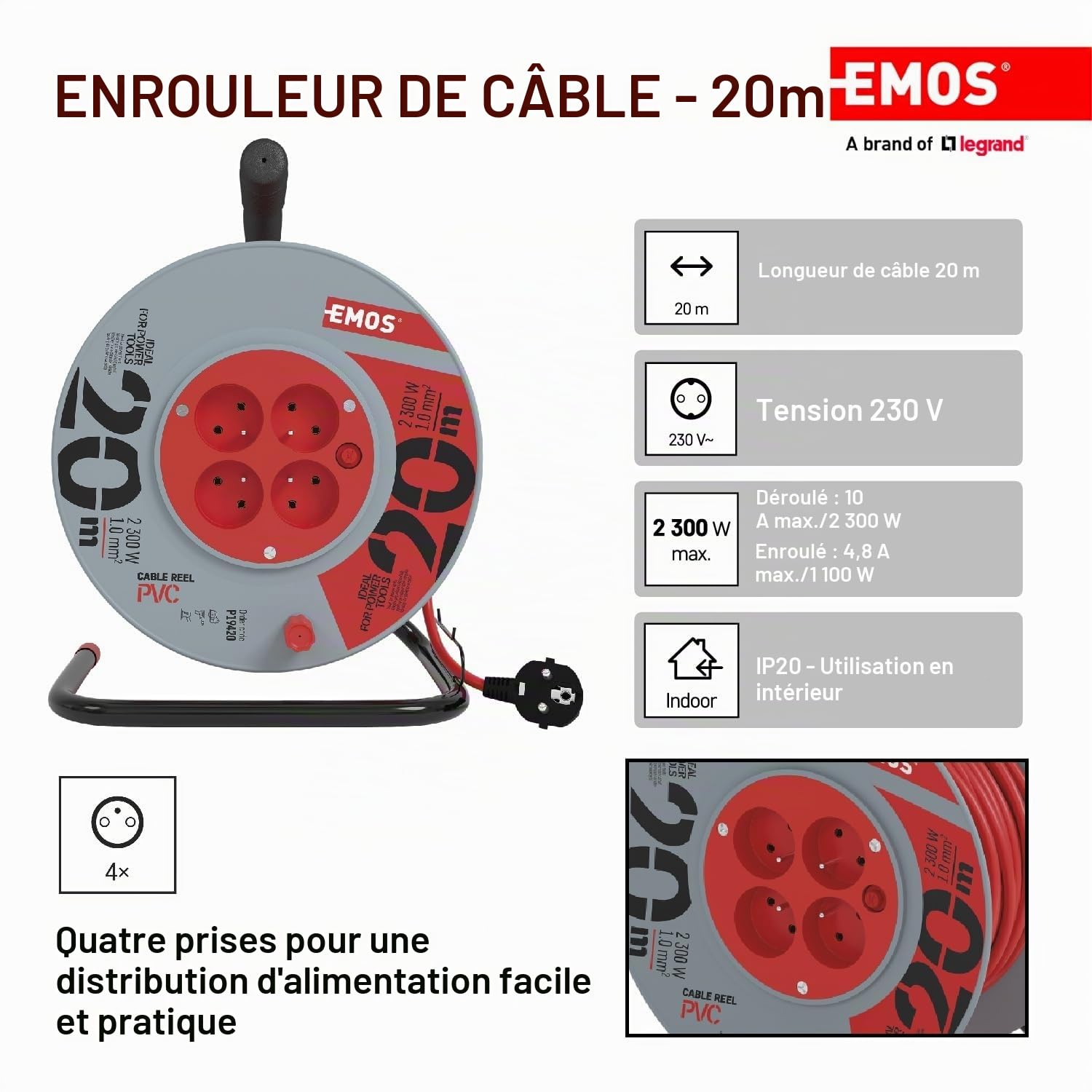 EMOS - Enrouleur de câble 20m - 4 Prises French - 230 V, 10 A, 2300 W - Isolation PVC de Haute qualité - H05VV-F3G 1,0 mm2 - Protection Contre la surchauffe, Frein de Bobine - IP20 pour l'intérieur