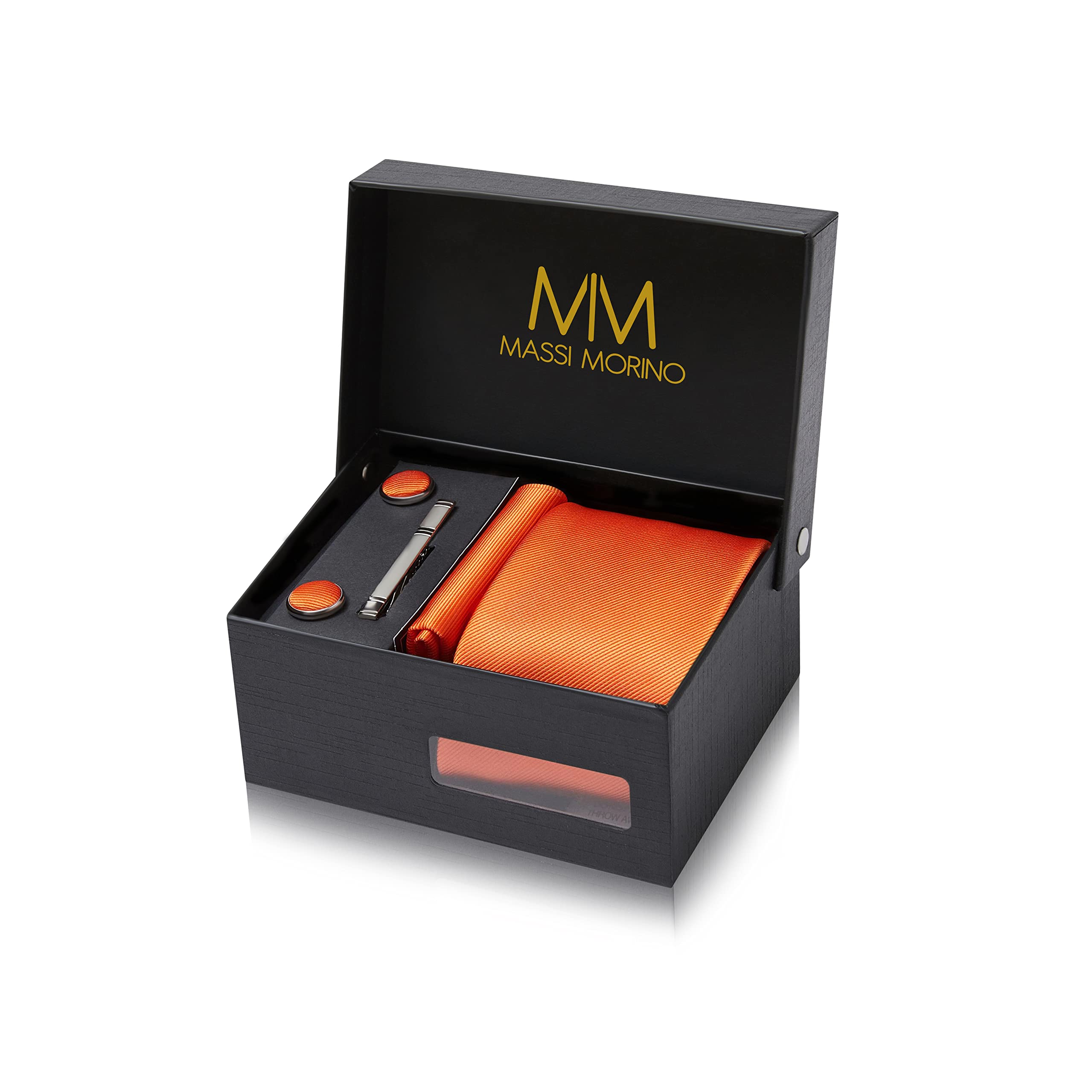 Massi Morino Krawatte mit Einstecktuch Set Herren inkl. Manschettenknöpfe, Krawattennadel und Geschenkbox - Männer Krawattenset zur Hochzeit