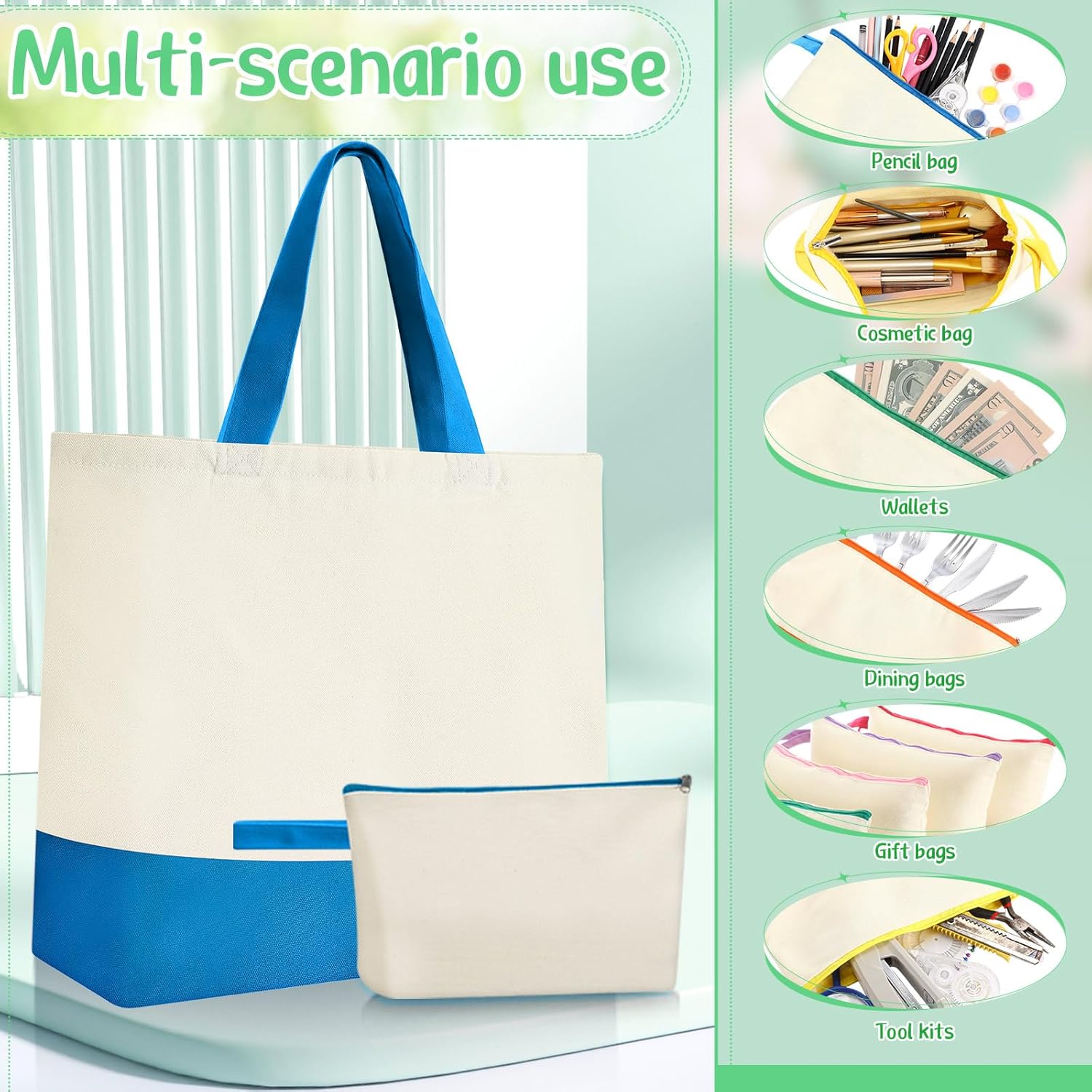Sanwuta 24 Pcs Canvas Tote Bags Bulk with Zipper Cosmetic Bags 18.5" Cotton Canvas Bag with Handles Reusable Shopping Bags - Image 3