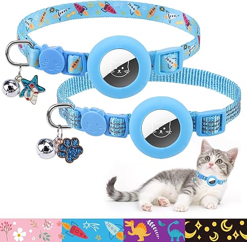PUPTECK Airtag - Collar de gato Breakaway 2 unidades con campanas, collar reflectante para gatito con soporte para etiqueta de aire para niños y