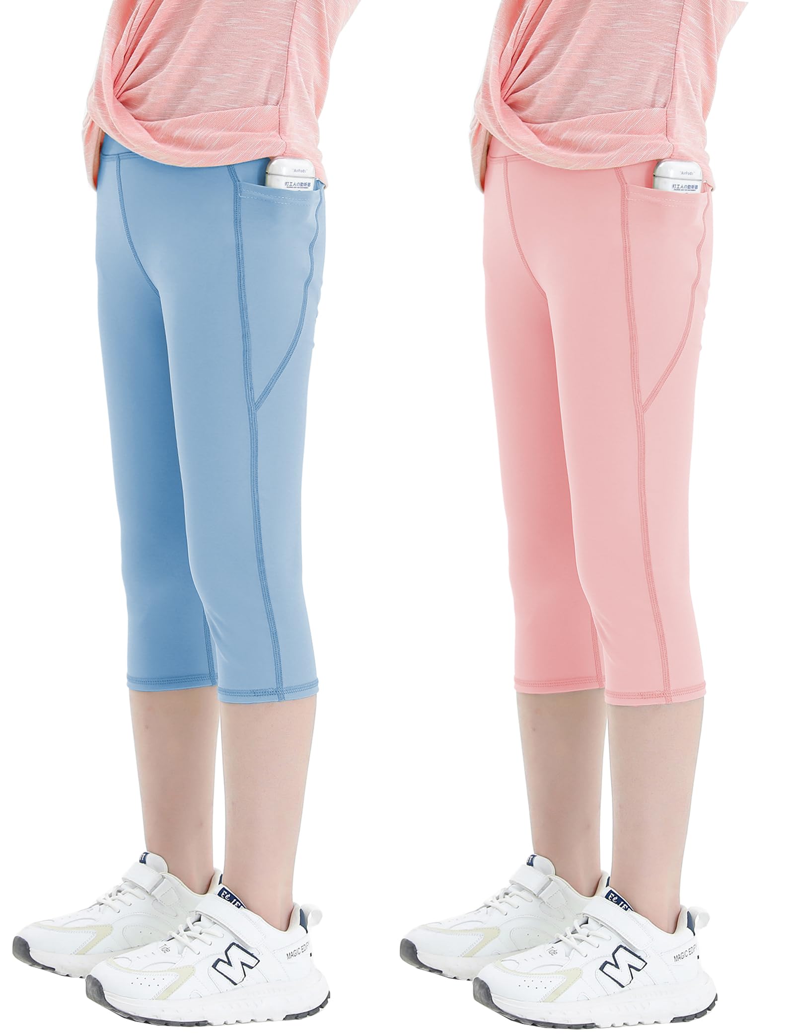 Kiench Leggings para niña con bolsillos 3/4, pantalones de deporte, yoga, capri, 2 unidades