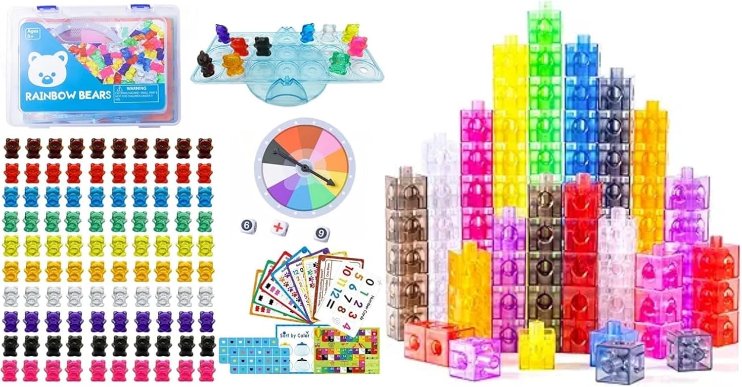 100 Pcs Translucent Bear Counters, Translucent Number Blocks, Counting Animal Matching Games Color Sorting Toys, Translucent Toys for Light Table, Includes 11 Activity Cards