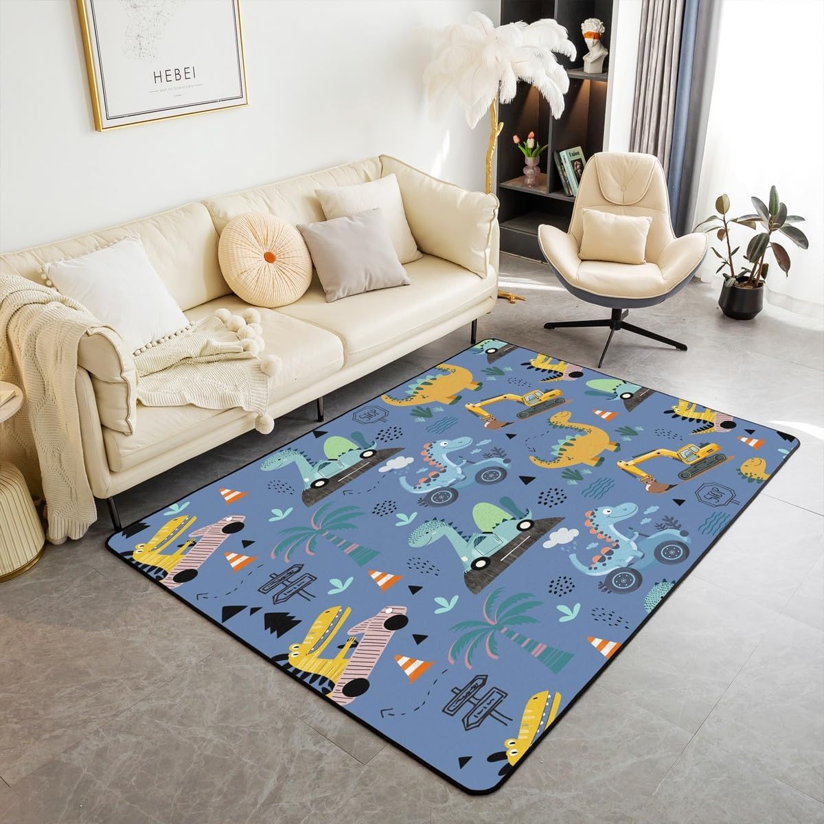 Erosebridal Kids Construction Area Rug 3x5,Cartoon Excavator Carpet,Dinosaur Indoor Floor Mat,Nature Animal Theme Decorative Rug Bedroom Decor,Playroom Dorm Office for Teens Adult