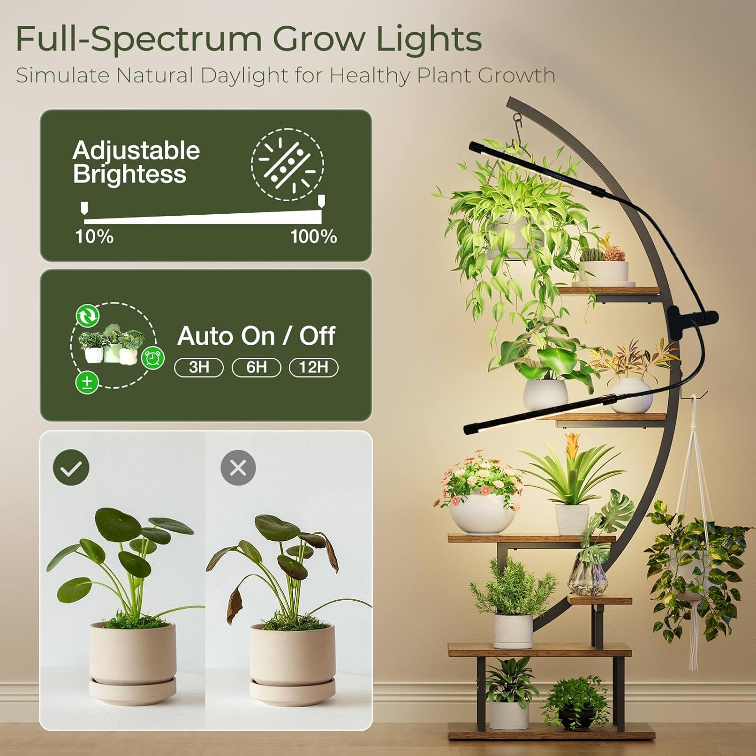 GREENSTELL Plant Stand with Grow Lights, Half Moon 7 Tiered Metal Plant Shelf, Multiple Tier Curved Ladder Flower Pot Stand Display Rack for Indoor Living Room Patio Garden Balcony Brown (1 Pack)