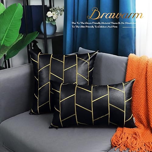 Miniatura 7 de BRAWARM Fundas de almohada de piel sintética de 22 x 22 pulgadas, fundas de almohada de cuero negro y dorado, paquete de 2, almohadas decorativas de