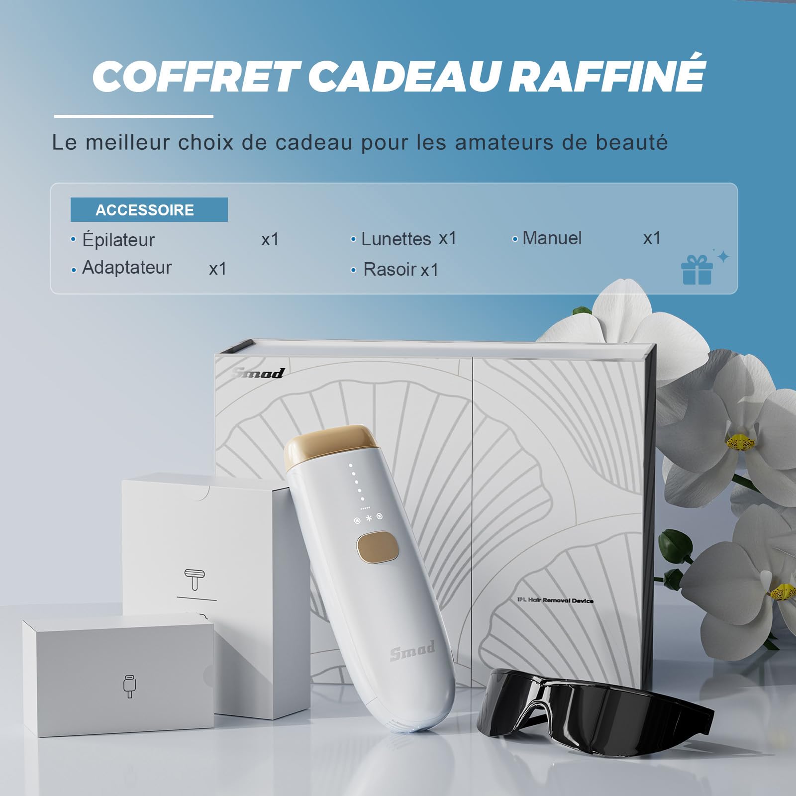 Smad Épilateur Lumière Pulsée, Épilateur IPL pour les Femmes et Hommes, Épilation Laser à Refroidissement Saphir, avec Lunettes de Protection, Rasoir et Adaptateurs