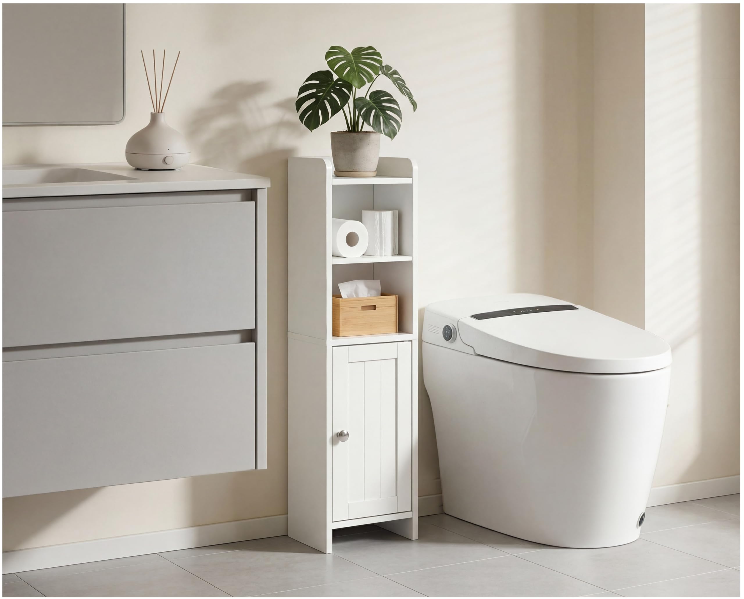 Homme Concept Slim Bathroom Storage Cabinet Narrow Freestanding Floor Unit with Door & Shelves, Space Saving Wooden MDF Cupboard for Small Bathroom, Toilet Side Storage Organiser, White
