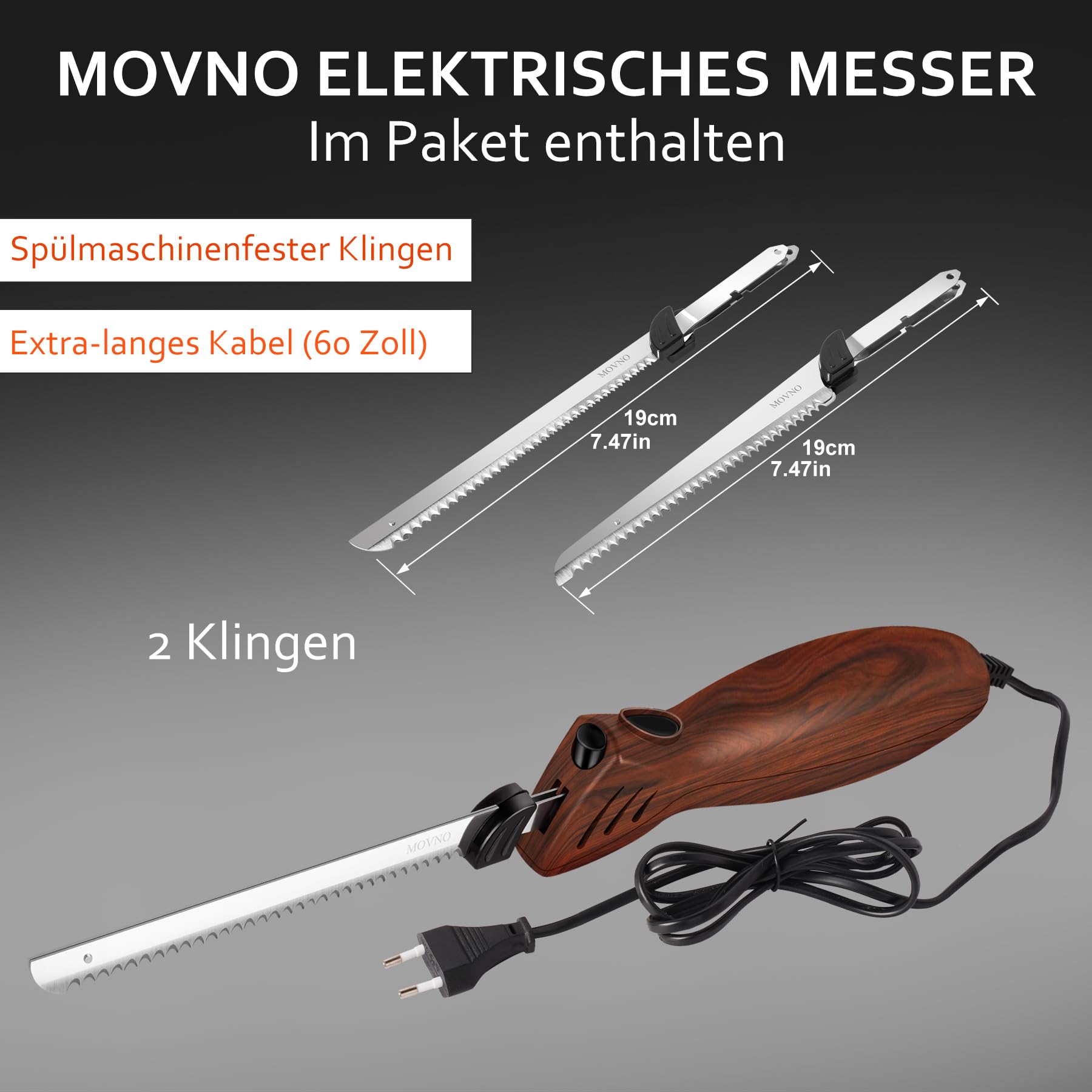 MOVNO elektrisches Messer, elektrisches Messer für Fleisch, Tranchieren von Truthahn, Brot, Geflügel, Filetieren, Schaumstoffbearbeitung und mehr, ergonomischer Griff, Elektromesser