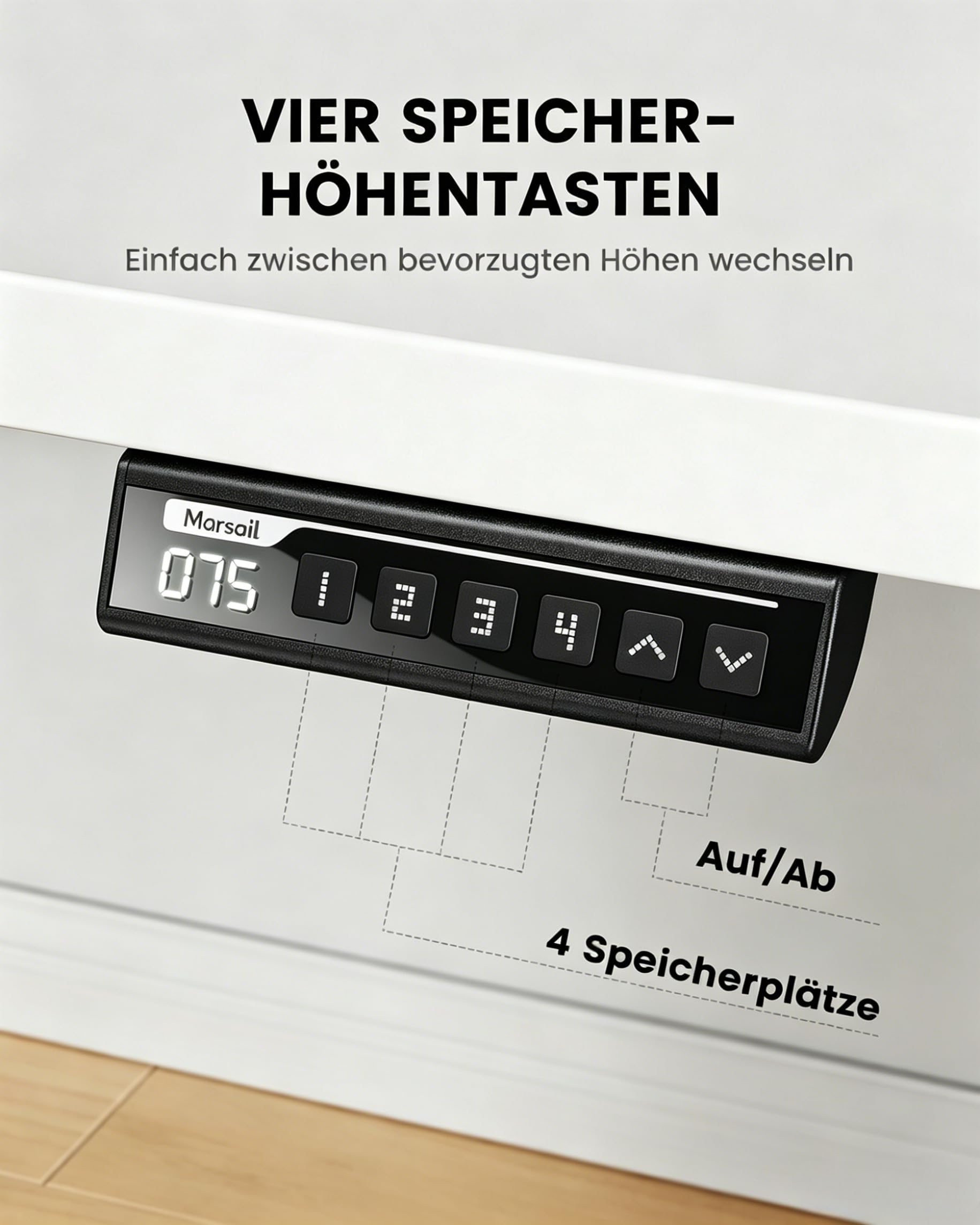 Marsail Elektrisch Höhenverstellbarer Schreibtisch 180x80, Max 100 kg, Robuster Metallrahmen, Vierteilige Tischplatte, Bürstenloser Motor, Leise Funktion, Höhenverstellbarer Tisch für Home Office