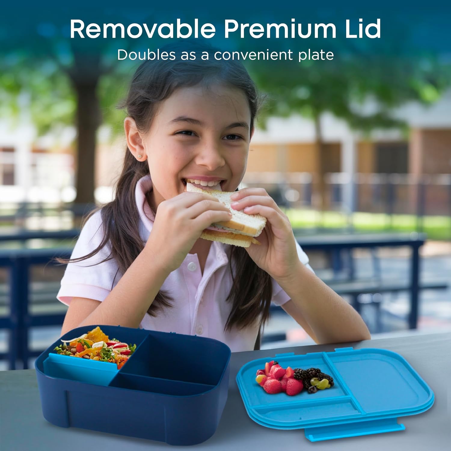 Leakproof Lunch Box – 3-Compartment Bento Box, Cooler Pack & Adjustable Divider, Extra Large & BPA-Free – Dishwasher Safe, Ideal for On-the-Go Meals, Navy & Blue - Image 3