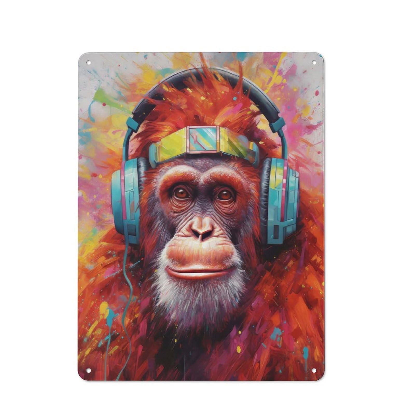 Junmoney Orangutan With Headphones Metal Sign 40X30cm With For Pub Or Café, Retro Decor, For Cooler-Month Interiors With Retro Character