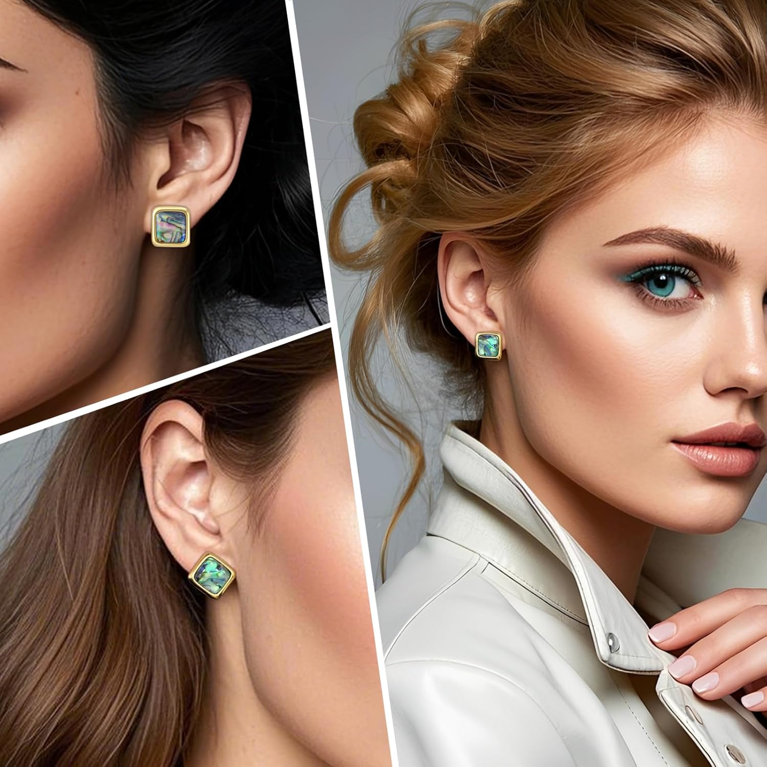 Hypoallergenic Square Abalone Shell Stud Earrings for Women, Vintage Boho Style, 14K Gold Plated Colorful Jewelry with 925 Sterling Silver Post, Gifts for Weddings, Sensitive Ears & Daily Wear - Image 5