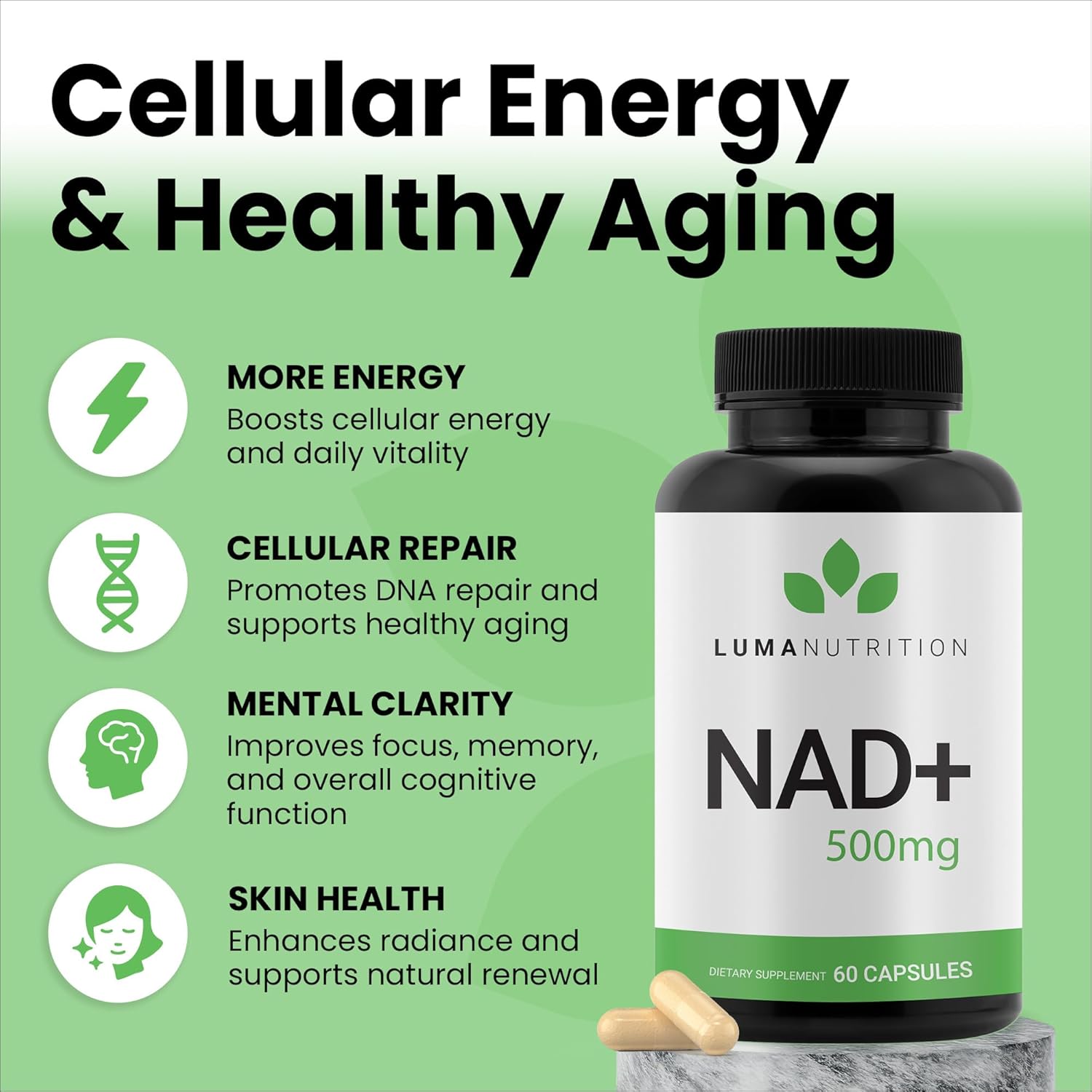 Luma Nutrition NAD+ Supplement 1000mg (500mg per Capsule) – Aging Plus Energy, Metabolism & Cellular Support – Pure NAD Supplements for Women & Men, Made in USA - Image 2