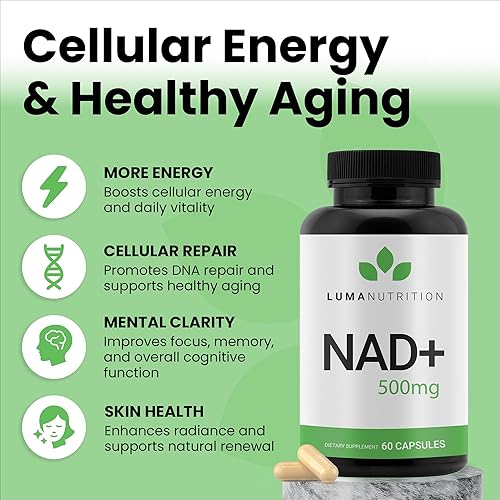 Miniatura 2 de Luma Nutrition Suplemento NAD+ de 1000 mg (500 mg por cápsula)  Envejecimiento más energía, metabolismo y apoyo celular  Suplementos puros de NAD