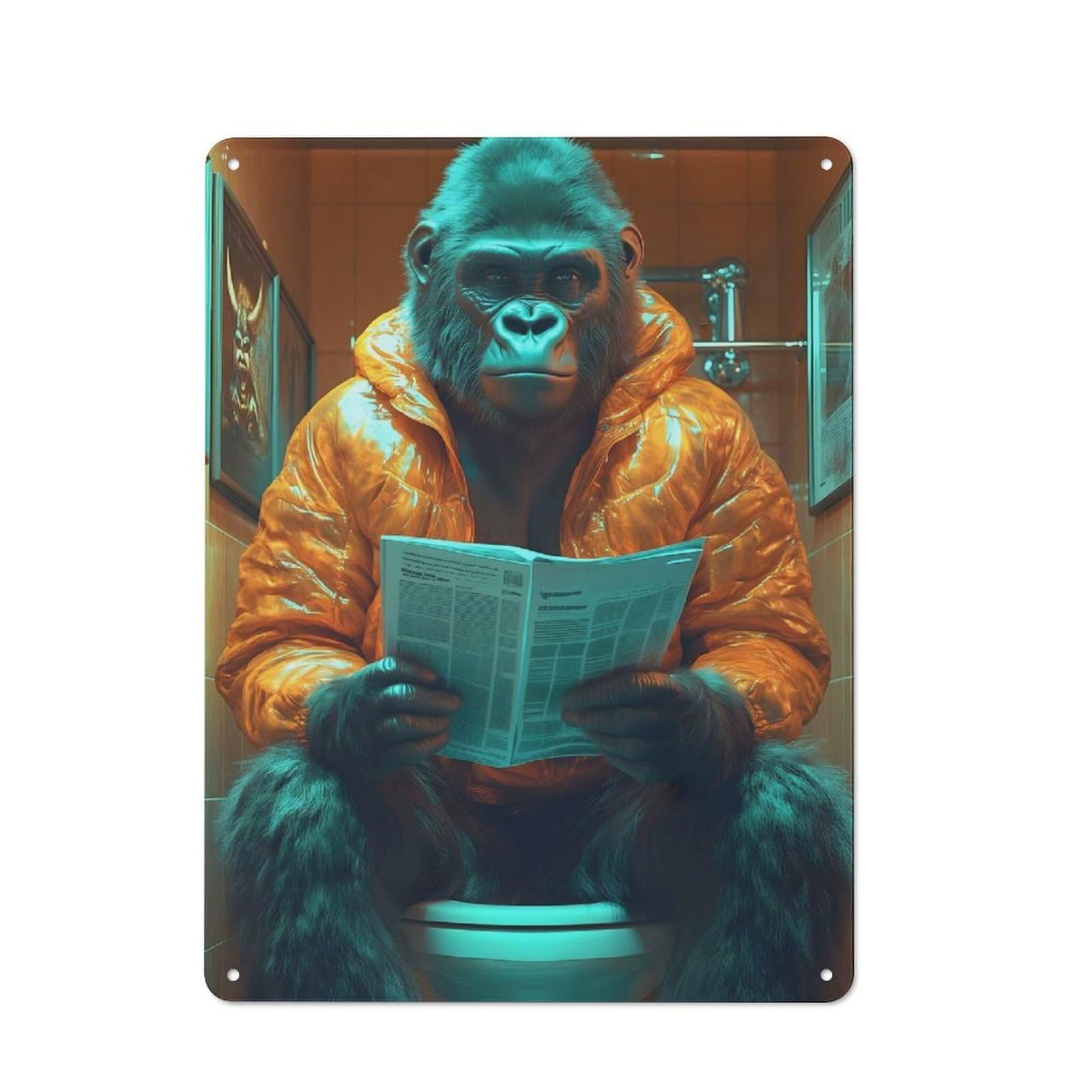 Junmoney Gorilla Reading On Toilet Tin Wall Sign 40X30cm, Character Room Wall Plaque For Bedroom, Kitchen, Office Or Living Room