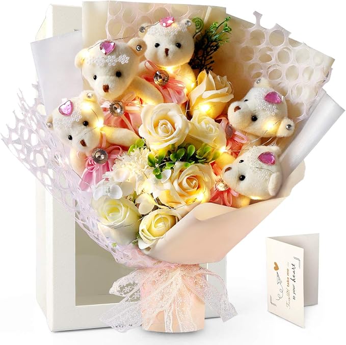 Ledベアブーケ 赤 ぬいぐるみ カーネーション ギフト バラ 枯れない花 母の日 石鹸の花 造花 ５つのクマ ８本のバラ お得な特別割引価格 ぬいぐるみ