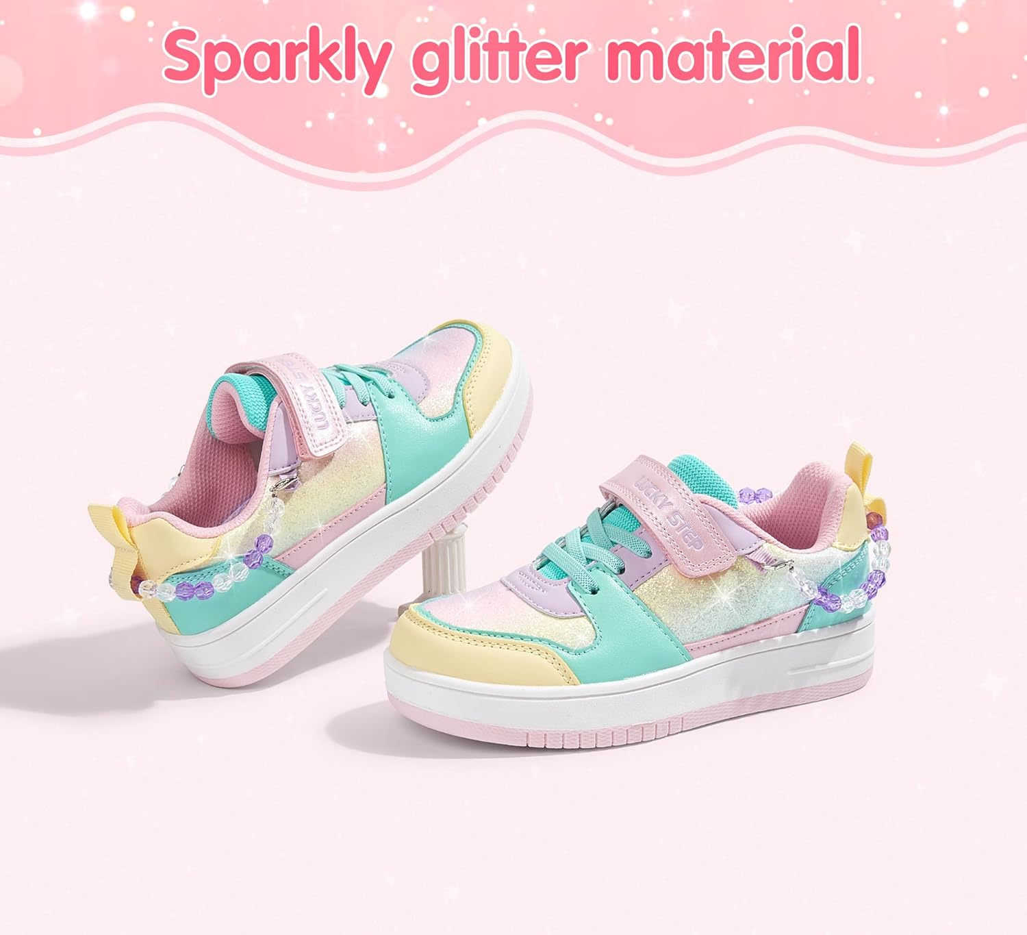 LUCKY STEP Girl's Glitter Sneakers Slip On Hook and Loops Athletic Sparkly Beads Casual Tennis School Party Cute Running Shoes for Children/Girls/Kids - Image 2