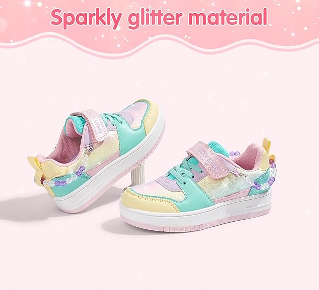 LUCKY STEP Girl's Glitter Sneakers Slip On Hook and Loops Athl... - 2