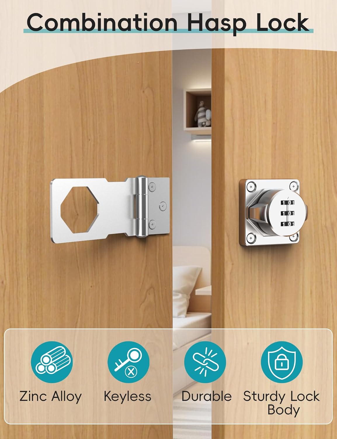 Combination Cabinet Door Lock, Gate Latch Lock with Code, Keyless Security Lock for Gate, Door, Cabinet, Bathroom, Outdoor, Garage, Fence,(Sliver, 2 Pack)