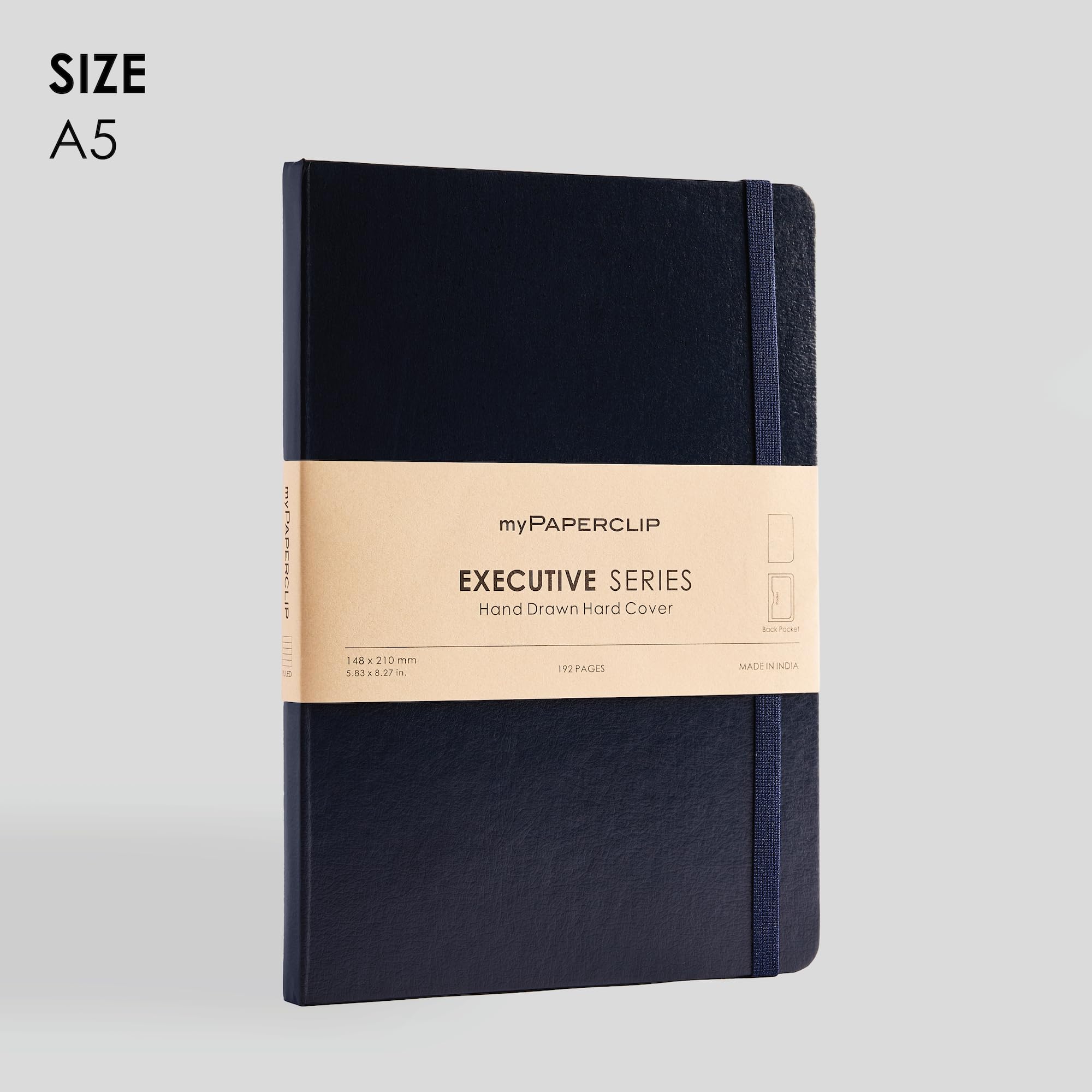 myPAPERCLIP Executive Series Notizbuch, A5, blanko, 192 Seiten, 80 g/m², fester Einband, A5 (12,7 x 21 cm), flach, Lesezeichen, Gummibandverschluss und Rücktasche, Blau